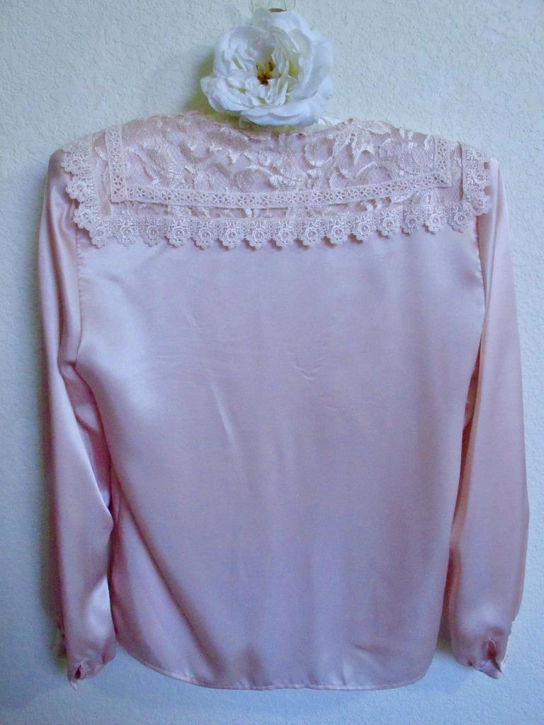 Vintage San Andre Silky Blouse 10 Pink Lace Victorian Collar Slick Shiny Satin