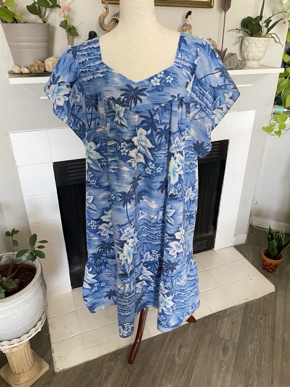 Vint Jade Fashions Made in Hawaii Dress 3XL Empire Tiered Blue Hawaii Hostess