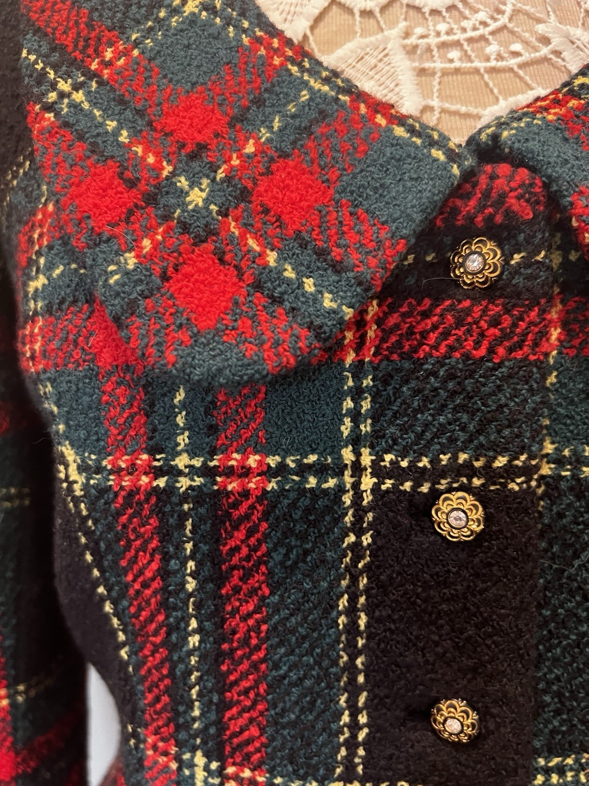 Peggy Jennings Vintage Skirt Suit — Black, Red, Green, Yellow Plaid –Tailored