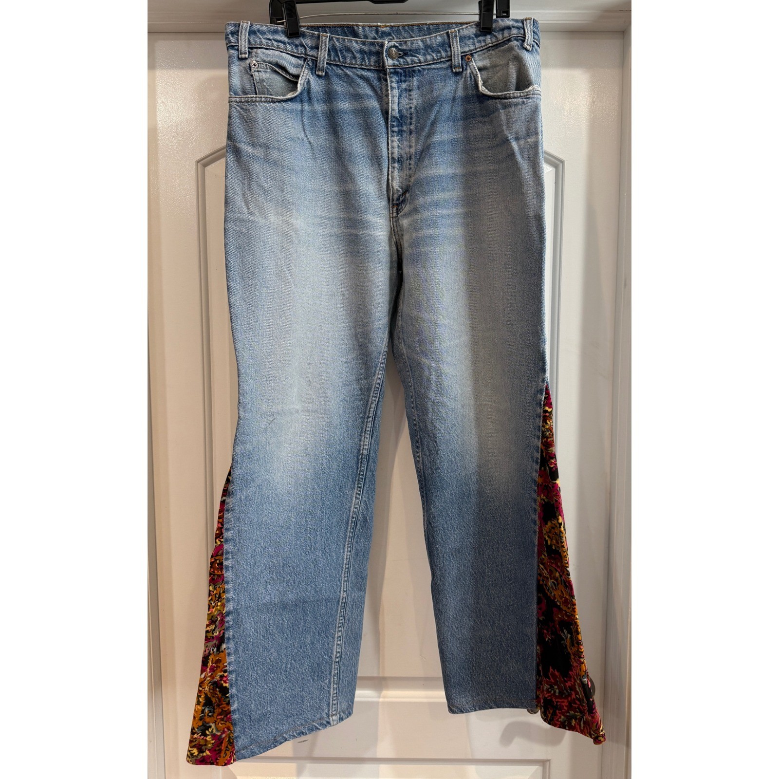 Vintage Levis Orange Tab Custom Velvet Flare Jeans Upcycled Floral Paisley 32/31