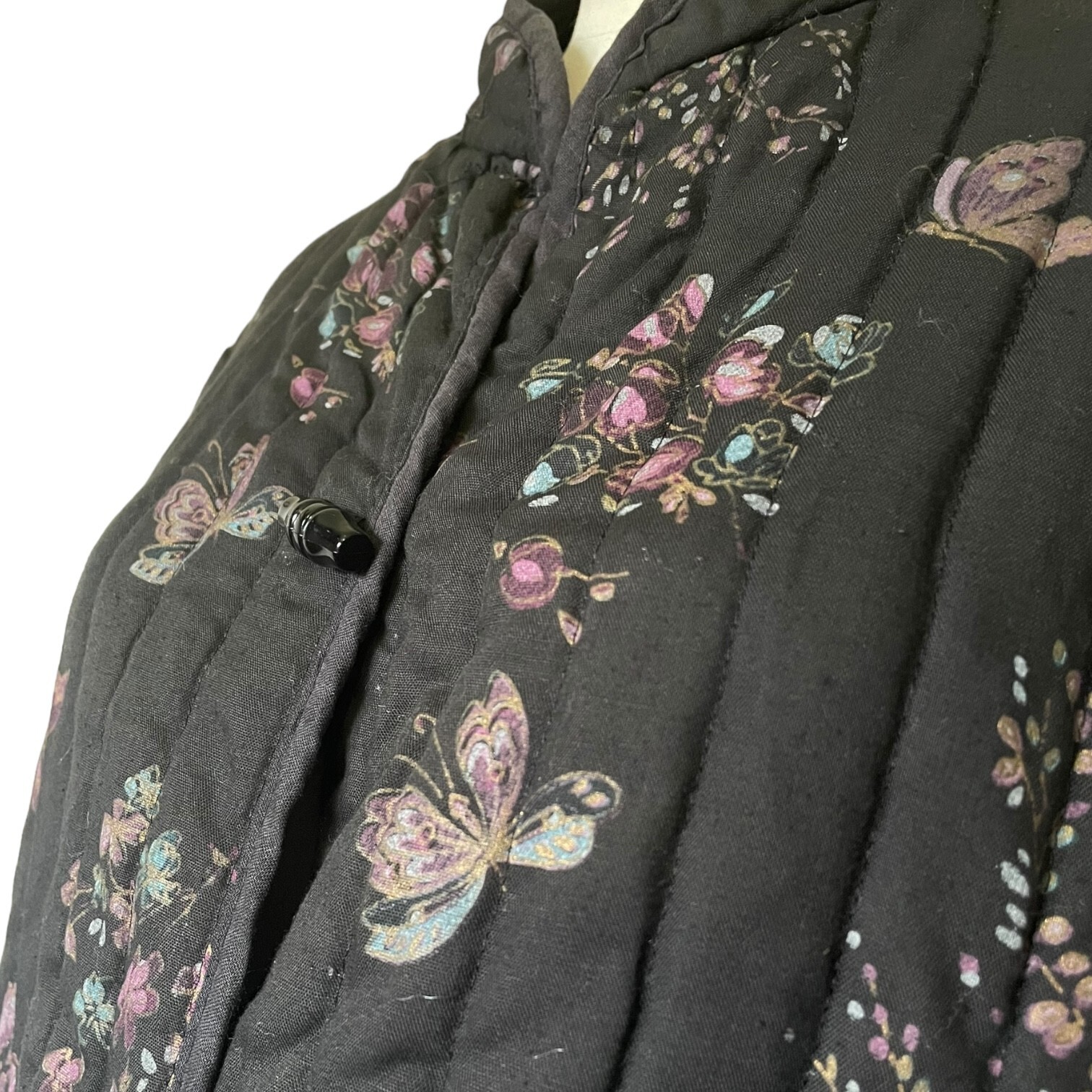 Vintage Jon Woods Quilted Butterfly Jacket Grey Purple Pink Floral Asian Look