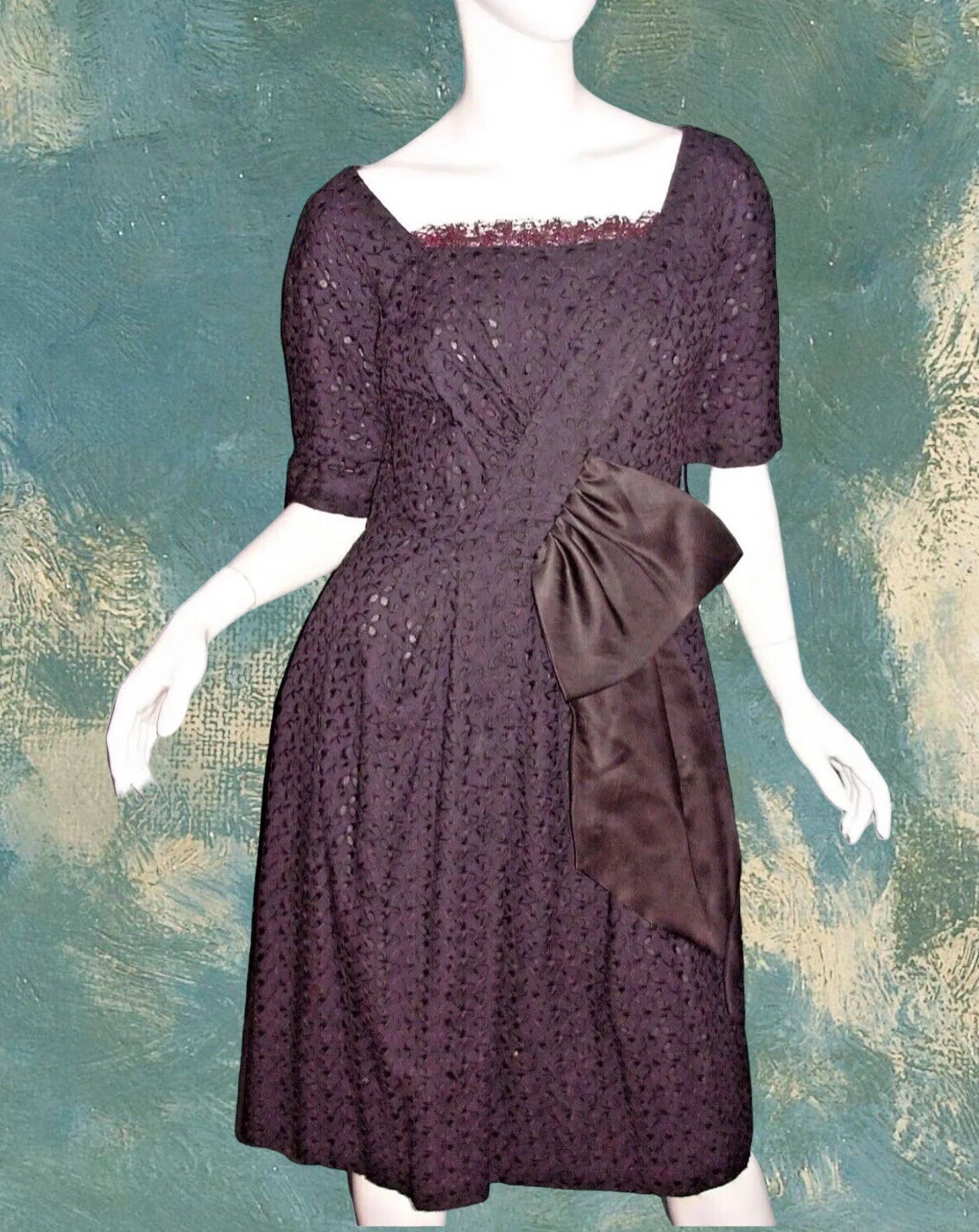 Dress M Vtg 50s Black EYELET Ruffle LACE GIANT BOW Rockabilly GOTHIC PINUP Siren