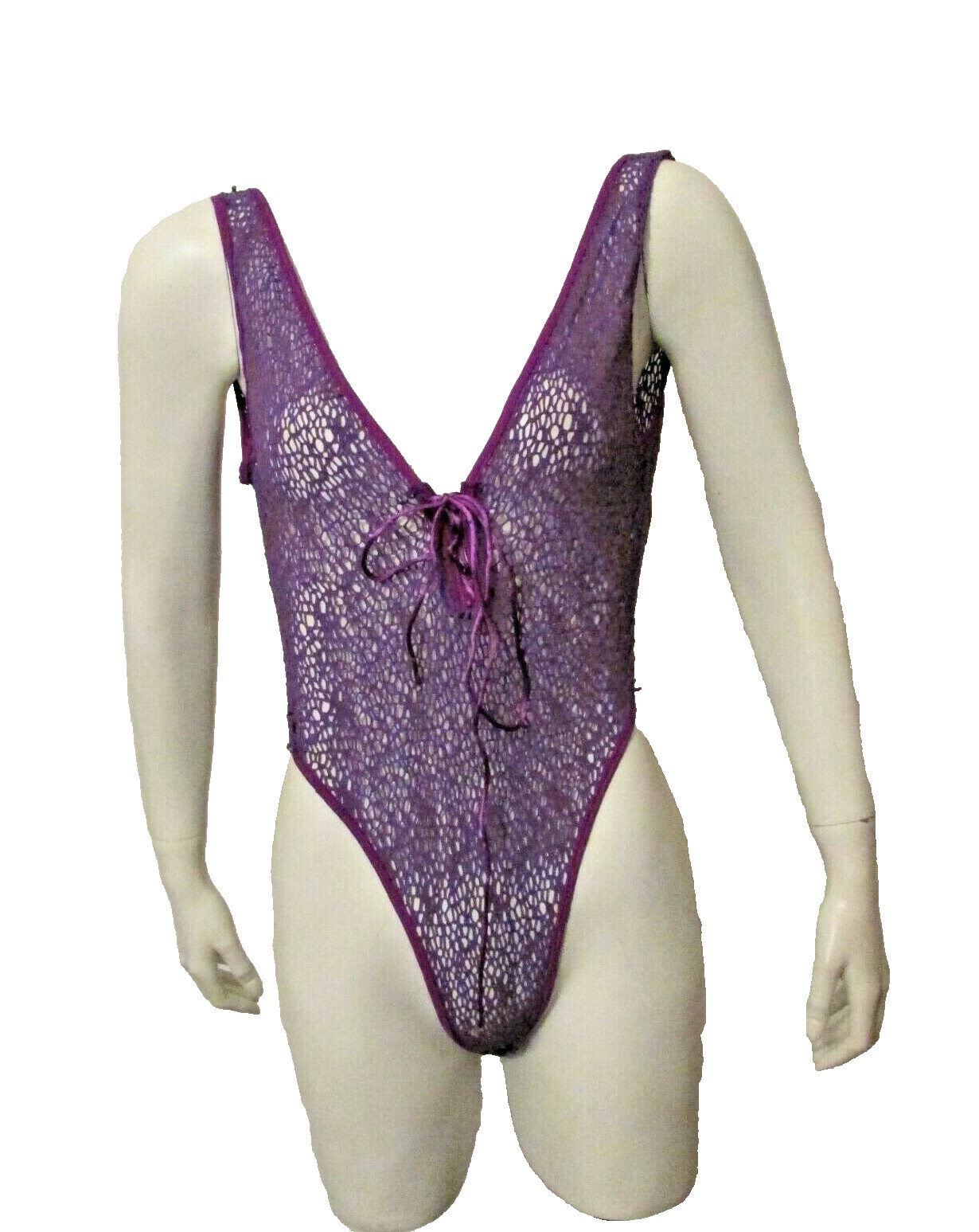 70’s Shirley of Hollywood 725 Purple Fishnet Hi Leg Bodysuit Teddy L made in USA