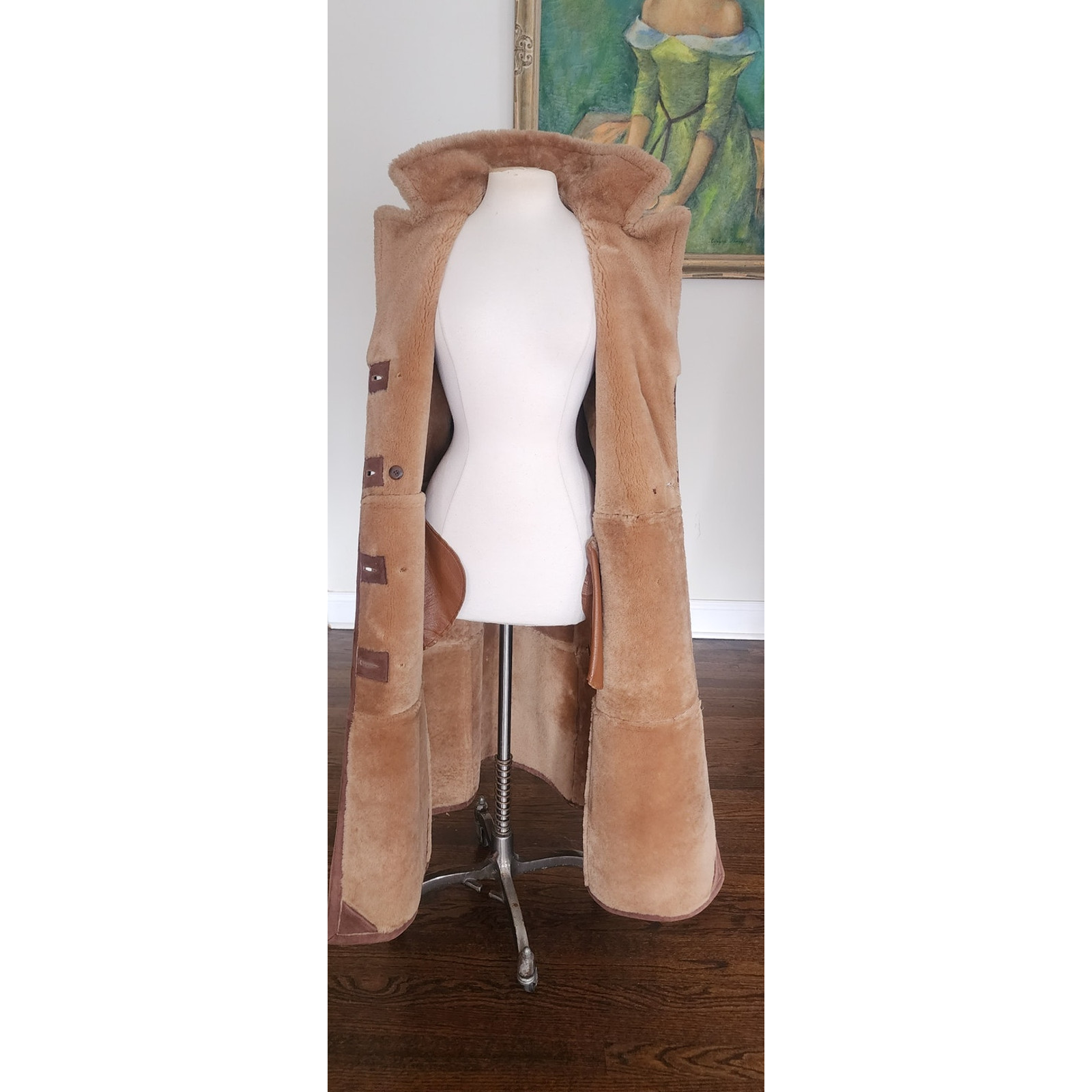 Vintage 1970s Shearling Coat Brown Suede Long Parka Double Breasted
