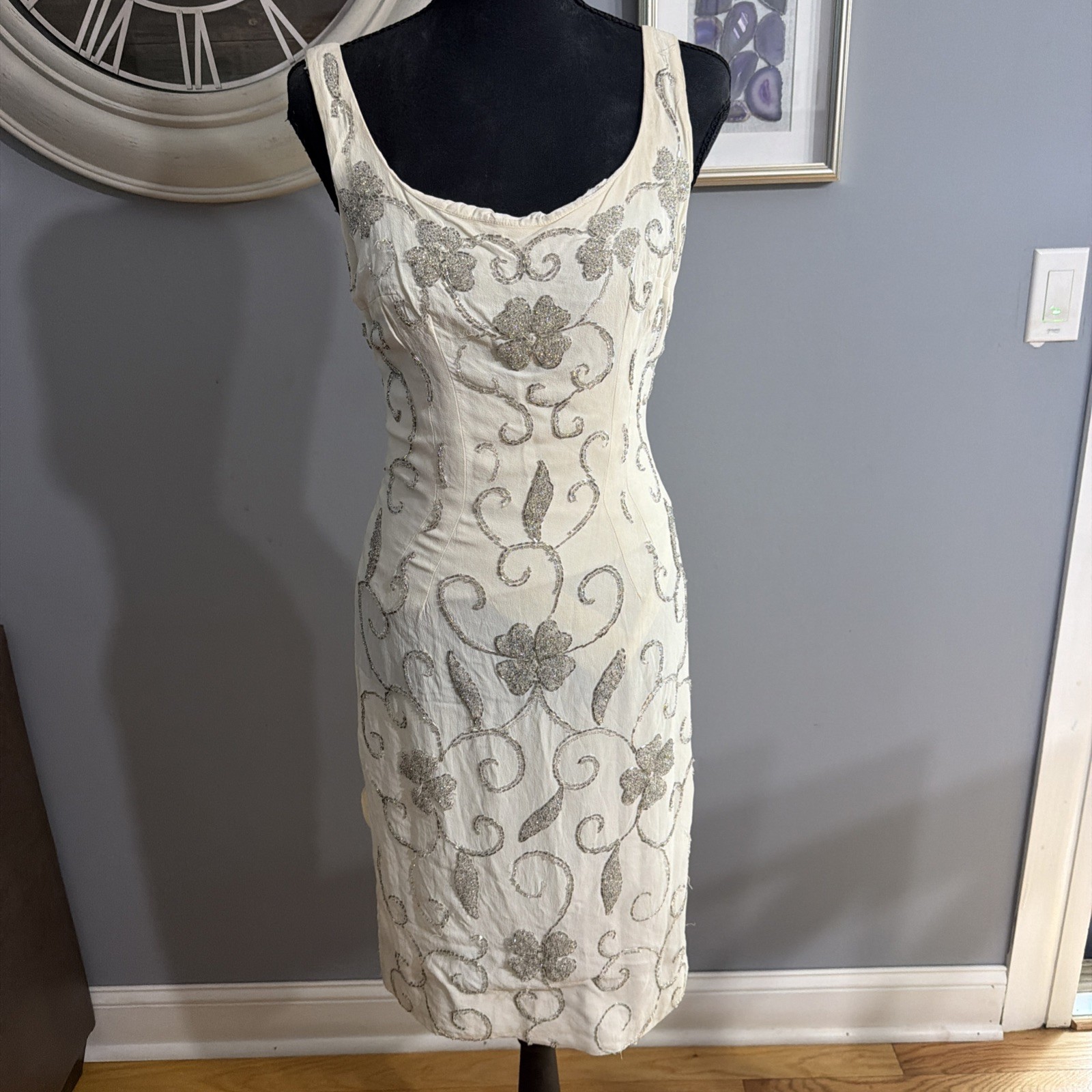 Vintage 1950s Ivory Beaded Sleeveless 1960’s Formal Party Dress Small