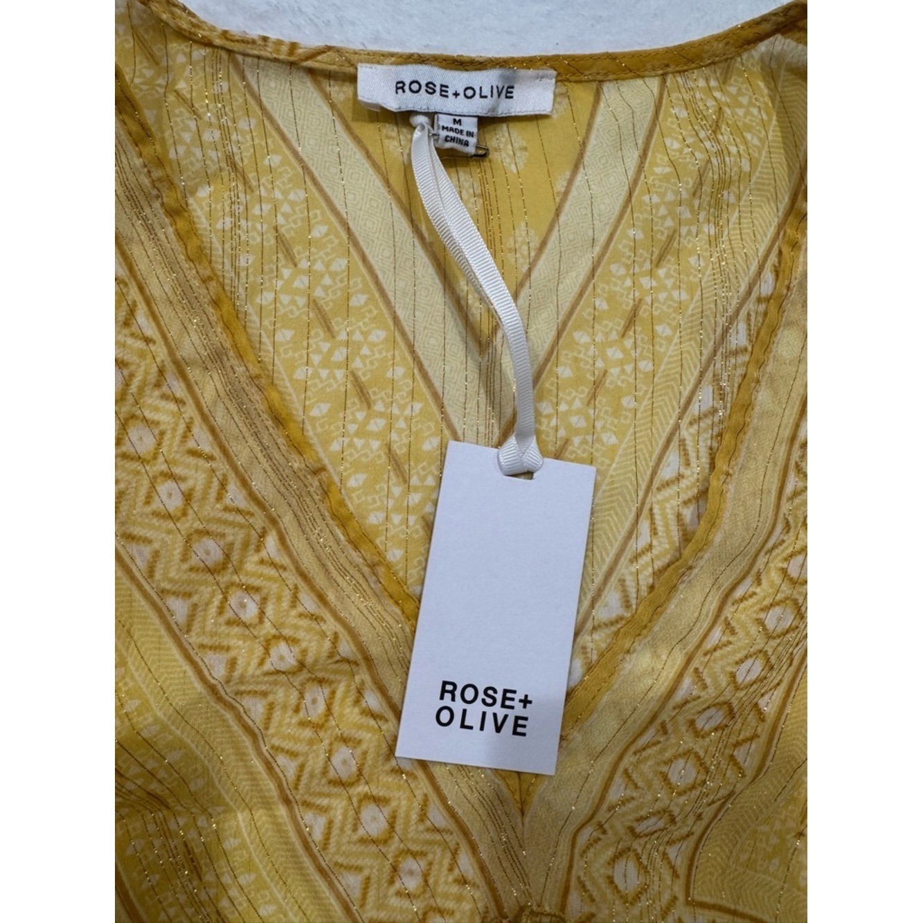 NWT Rose & Olive – Yellow Boho V-Neck Tunic with Embroidered Trim – Size M