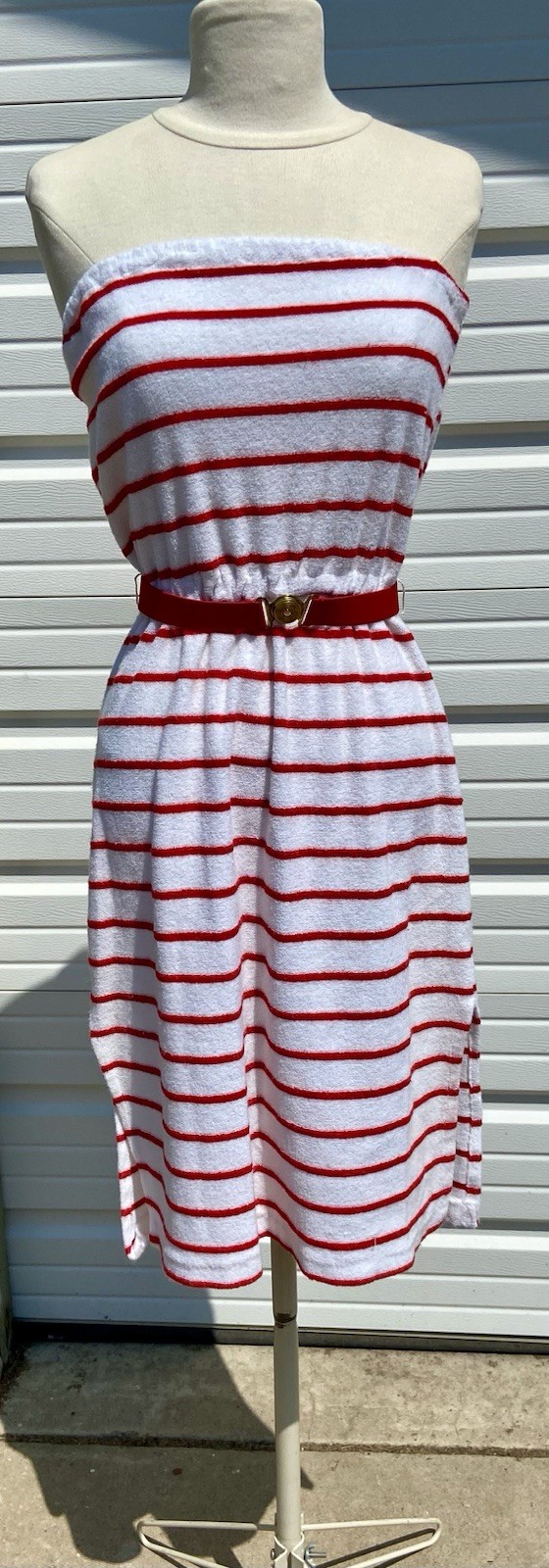 Vintage Auth 70’s Strapless Terry Cloth Tube Top Striped Red White Belt Dress