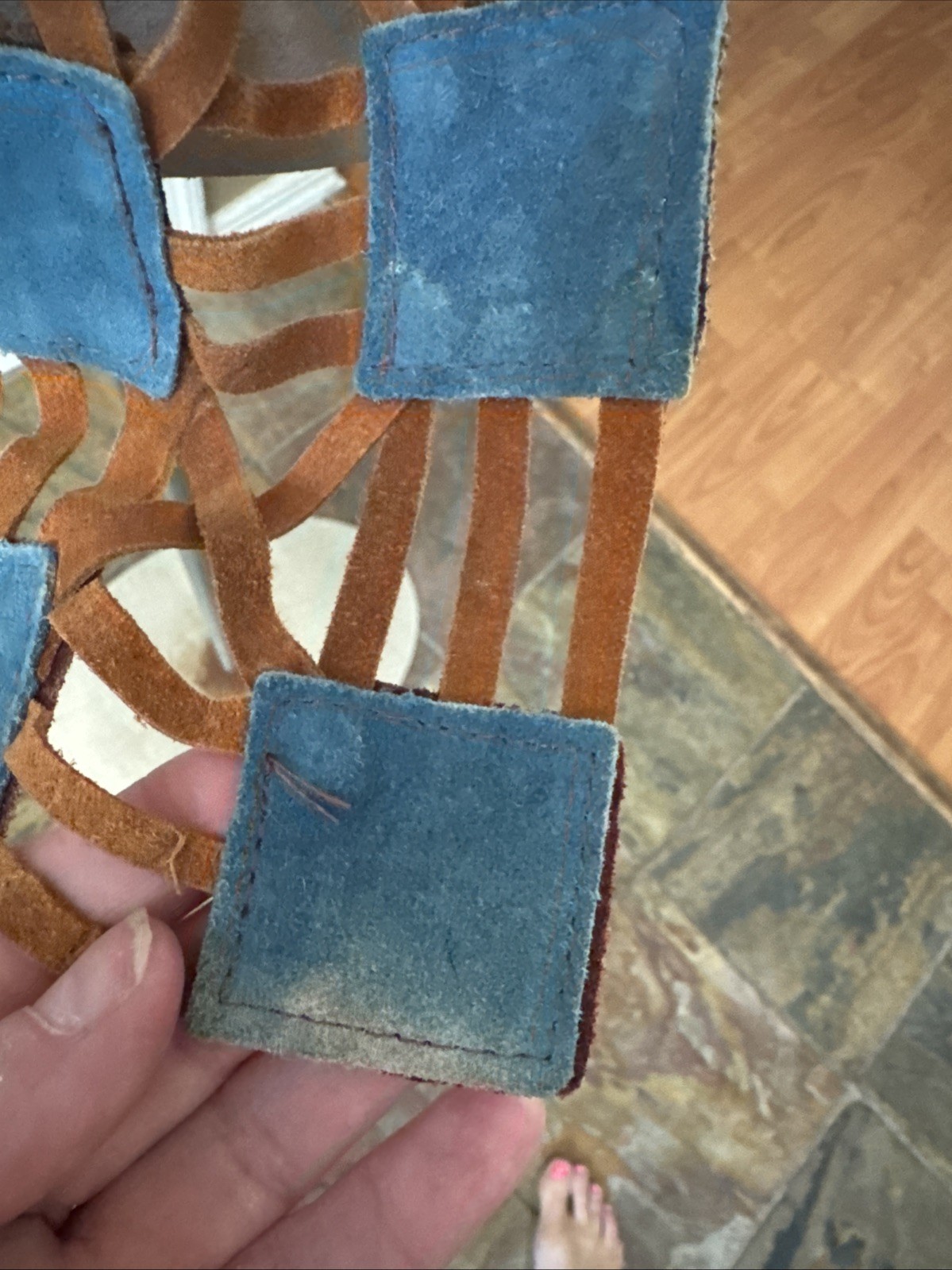 Vintage 70’s Hippie Suede Leather Cut Squares Blue & Brown Vest Made In Mexico