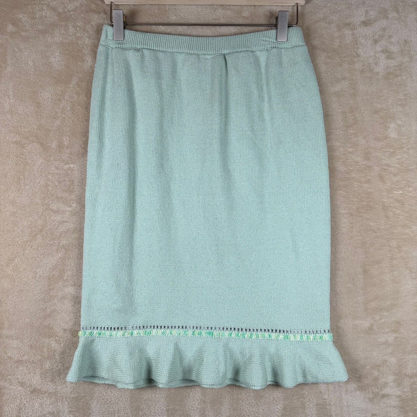 J.S.S. Vintage Women Wool Viscose Knit 2 Piece Cardigan Skirt Set Cream Green