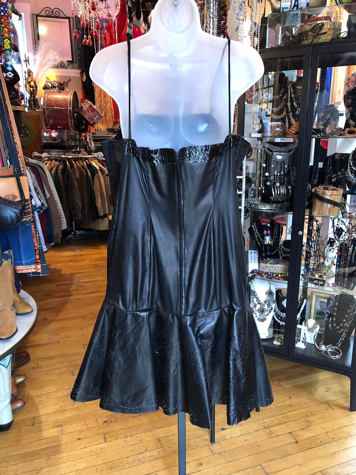 Vintage 80’s Black Leather and Silk-like Lined Dress Women’s Medium