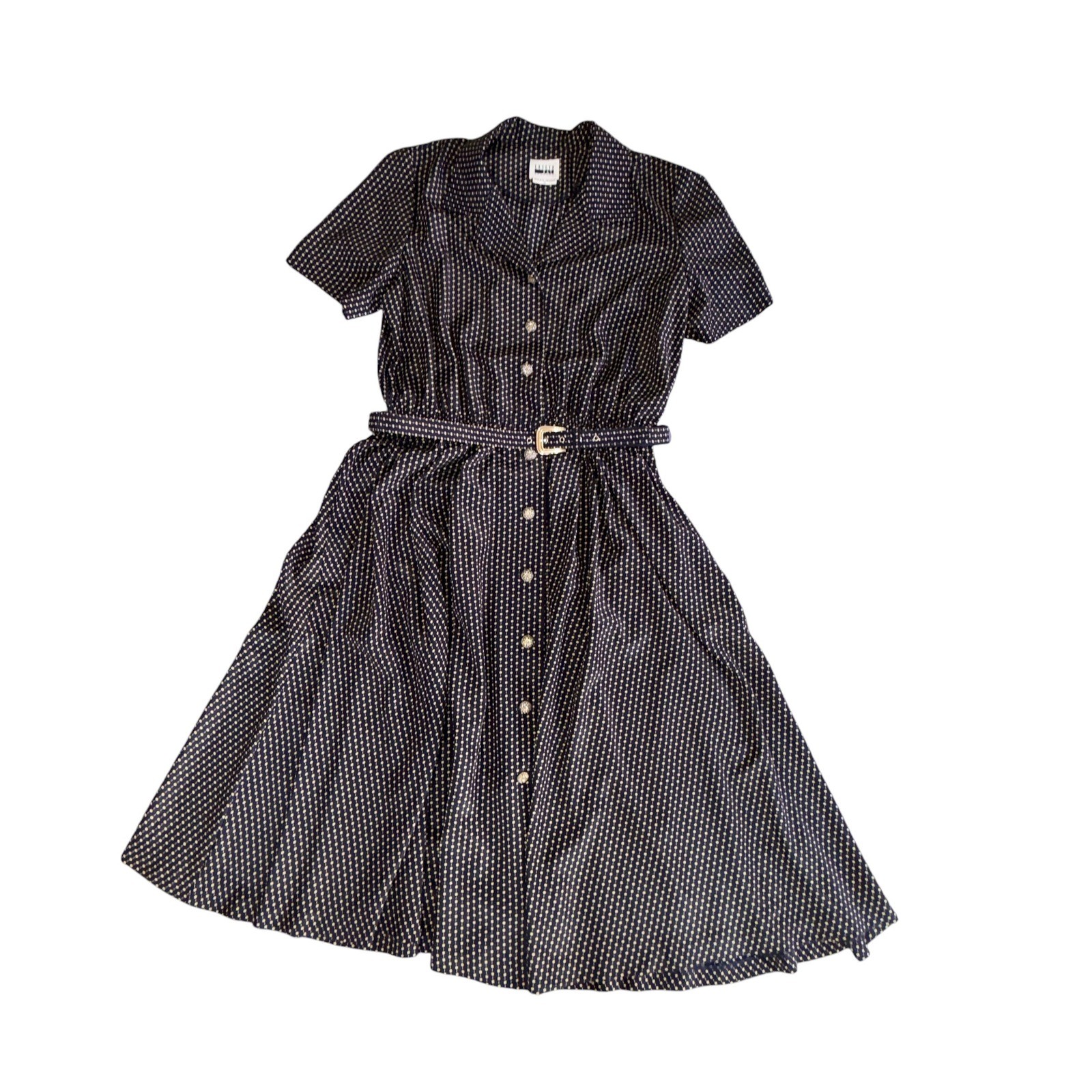 Leslie Fay Shirt Dress Womens Vintage Belted Midi Button Front 16 Navy Yellow