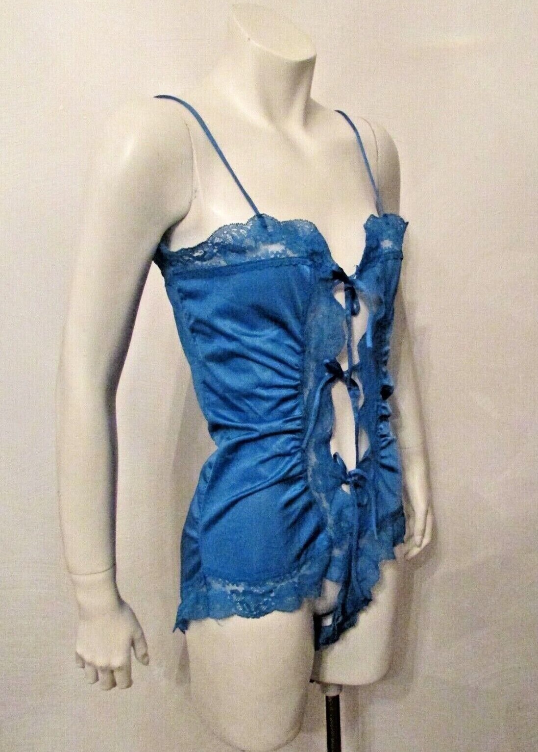 60’s Elissia Silky Nylon Lace Trim High Leg One Piece Teddy Bodysuit M USA made
