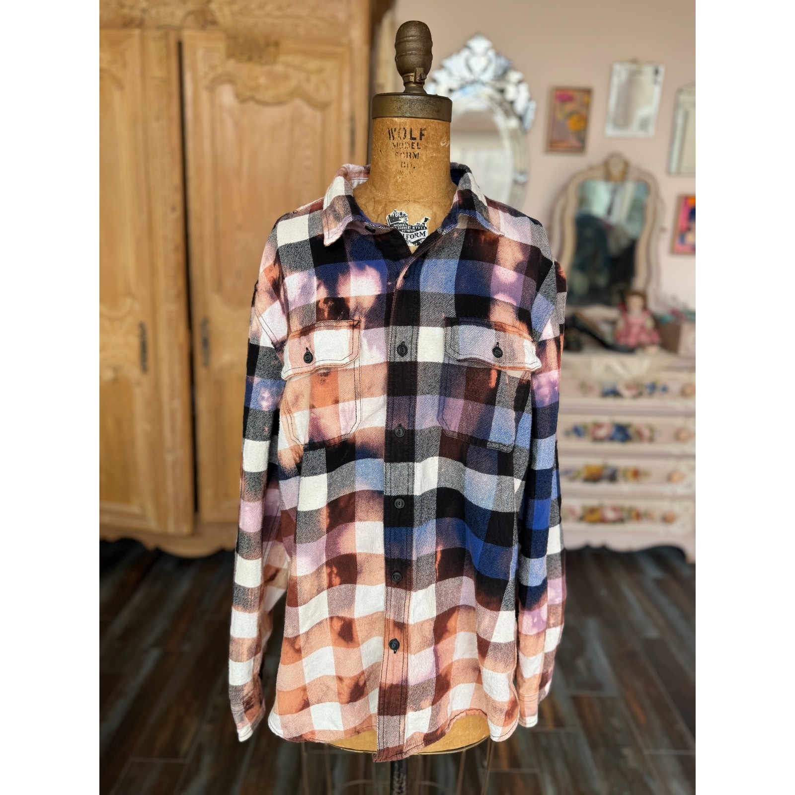 Distressed Upcycled Grunge Flannel Bleach Dye Jinx Patch Folk Art Shirt XL