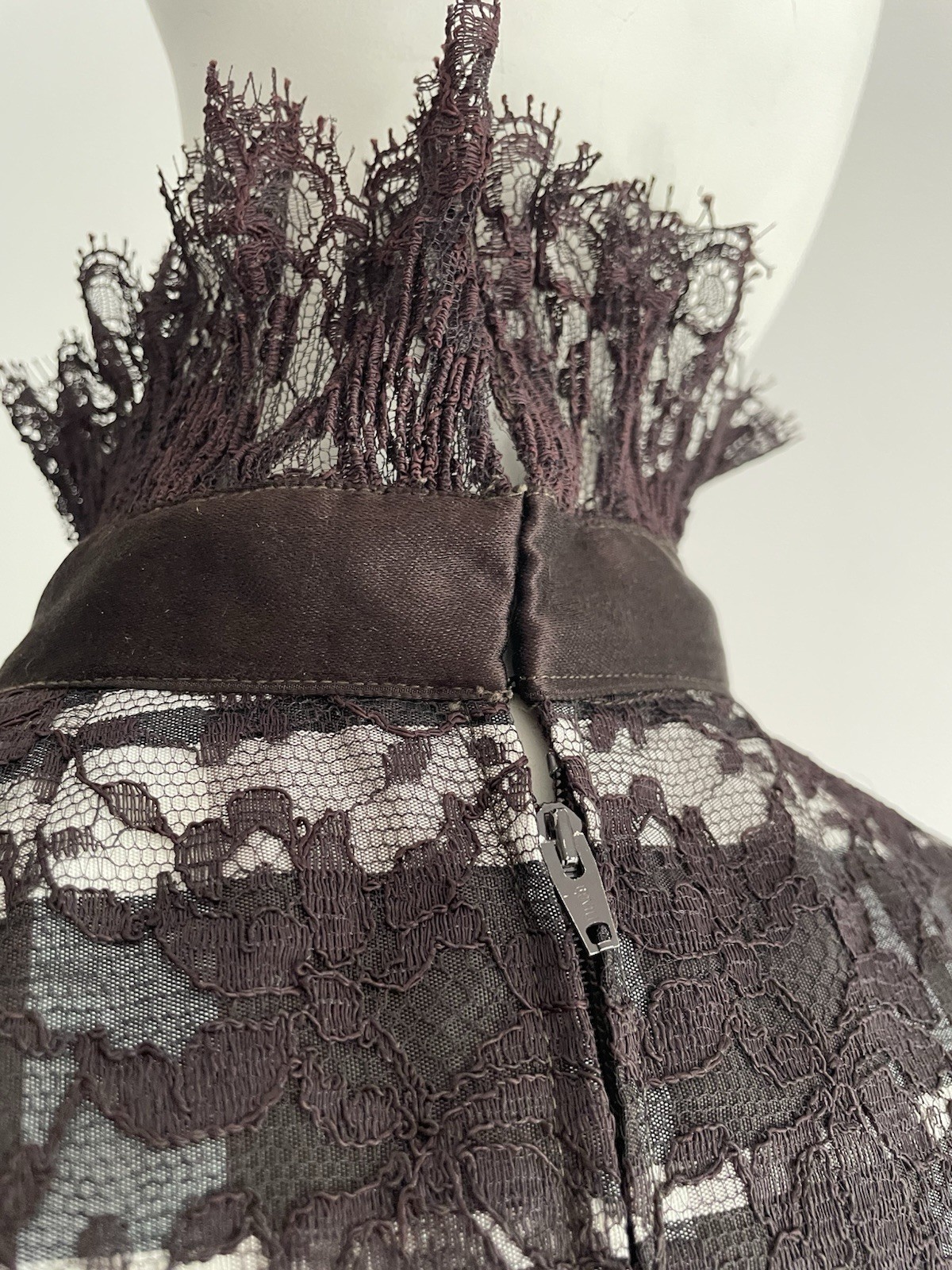Geoffrey Beene Fall 1972 Vintage Brown Purple Lace Taffeta Maxi Gown Ruffle