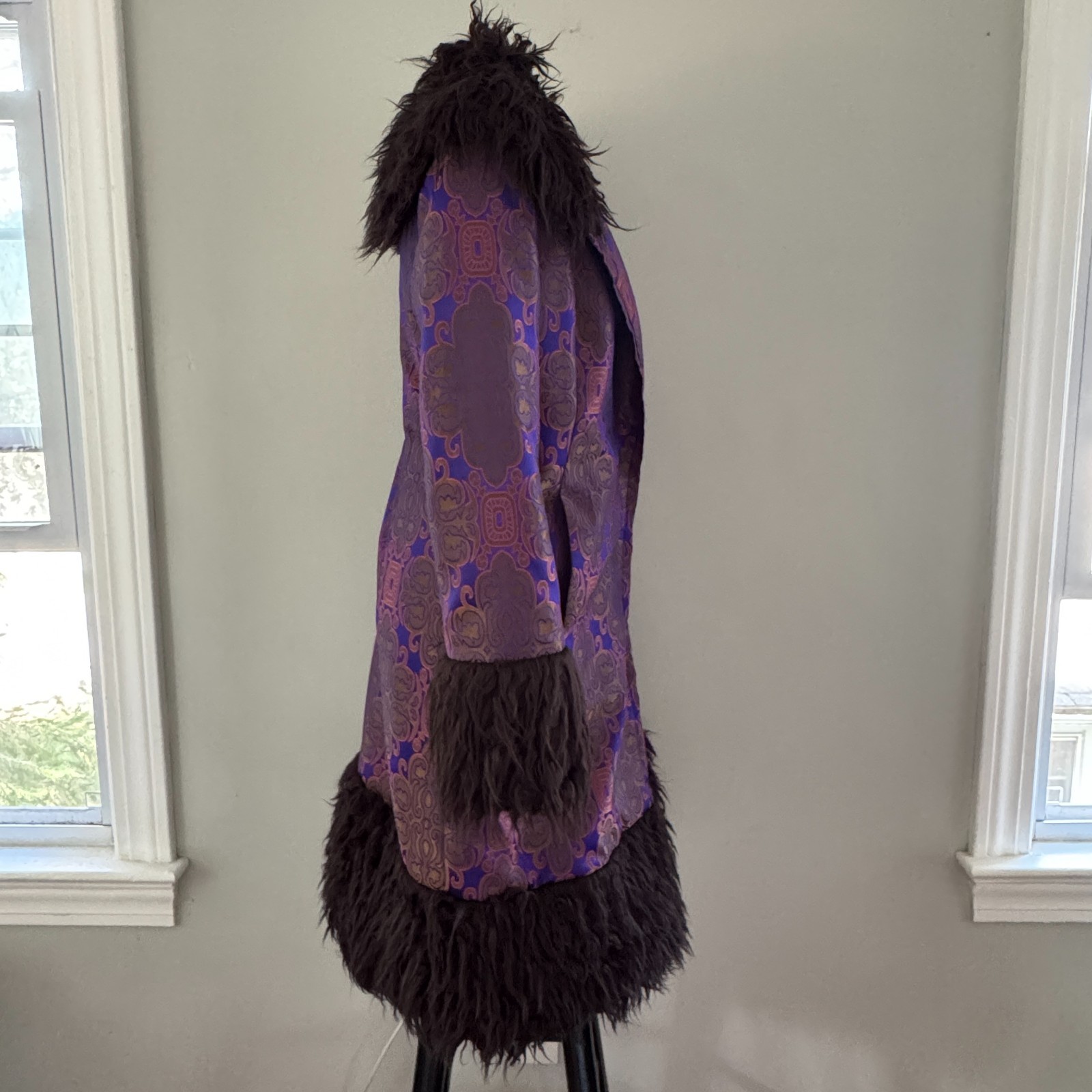 90s vtg VIVIENNE TAM Purple Gold IRIDESCENT Brocade Rave Penny Lane Fur Coat Y2K