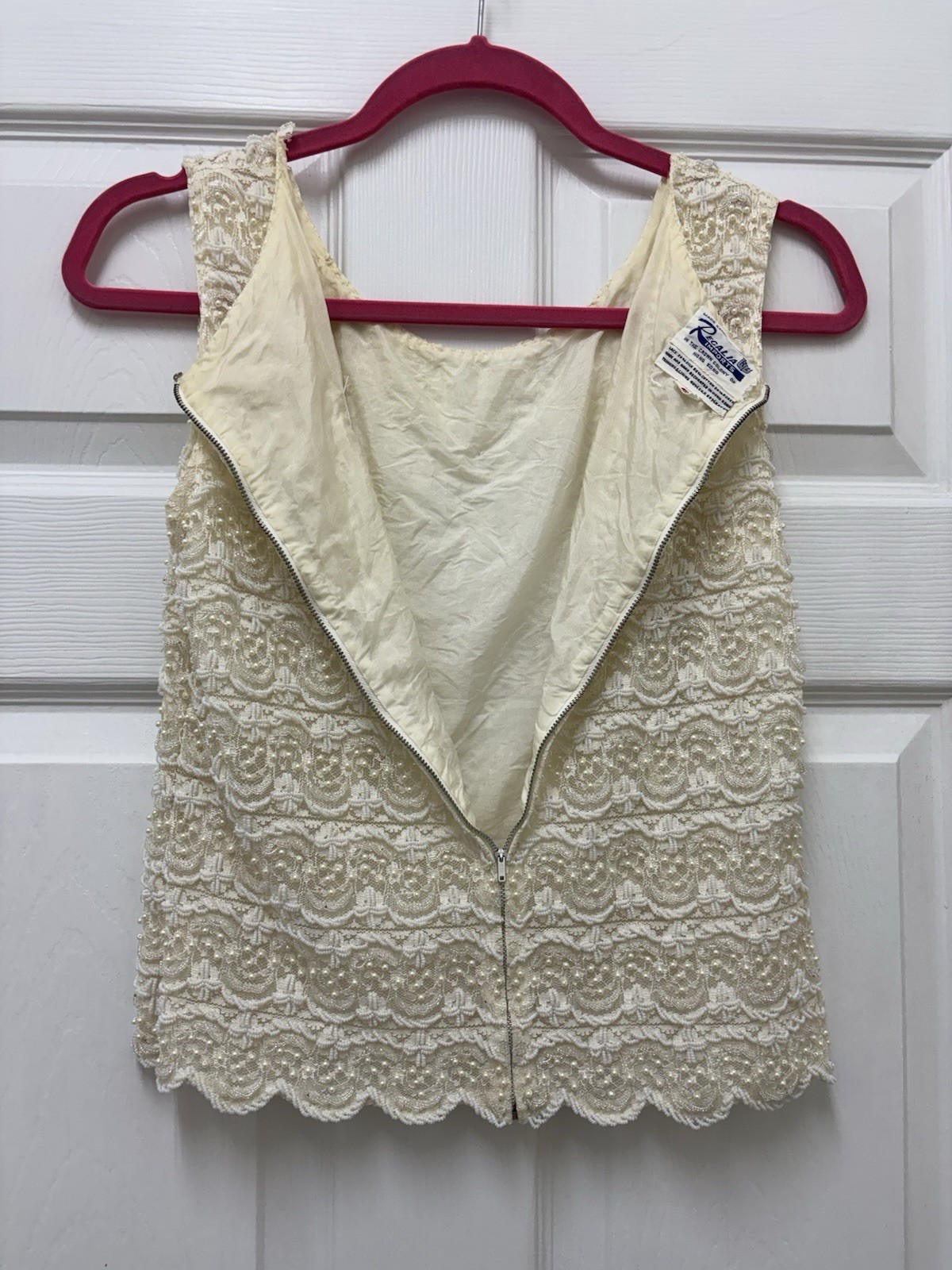 Vintage 1960s Regalia Imports Beaded Silk Lace Top Sleeveless Shell Cream S