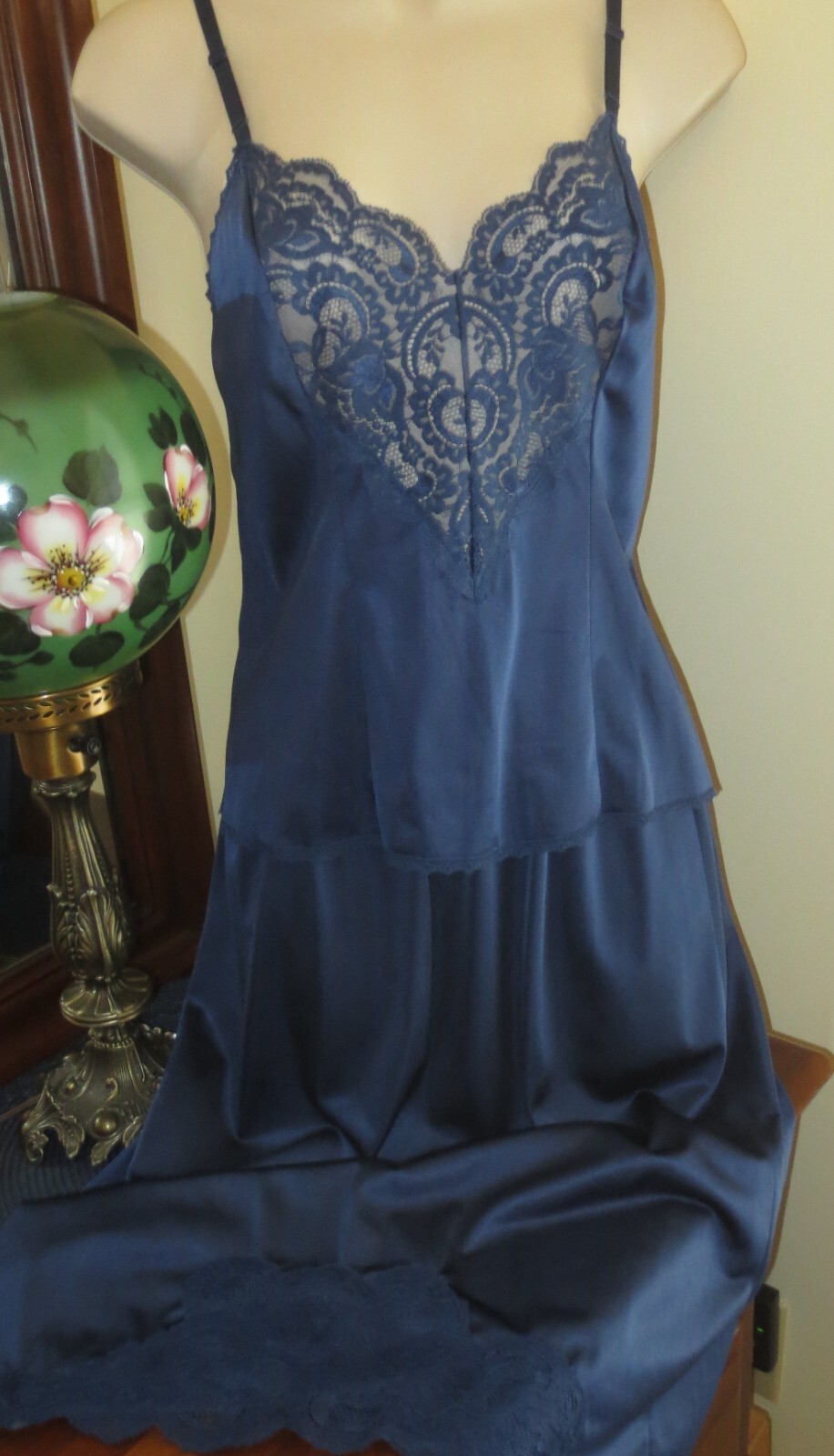APPLAUSE mint MIDNIGHT BLUE 1980s LACE TOP NYLON half slip camisole set S / 34
