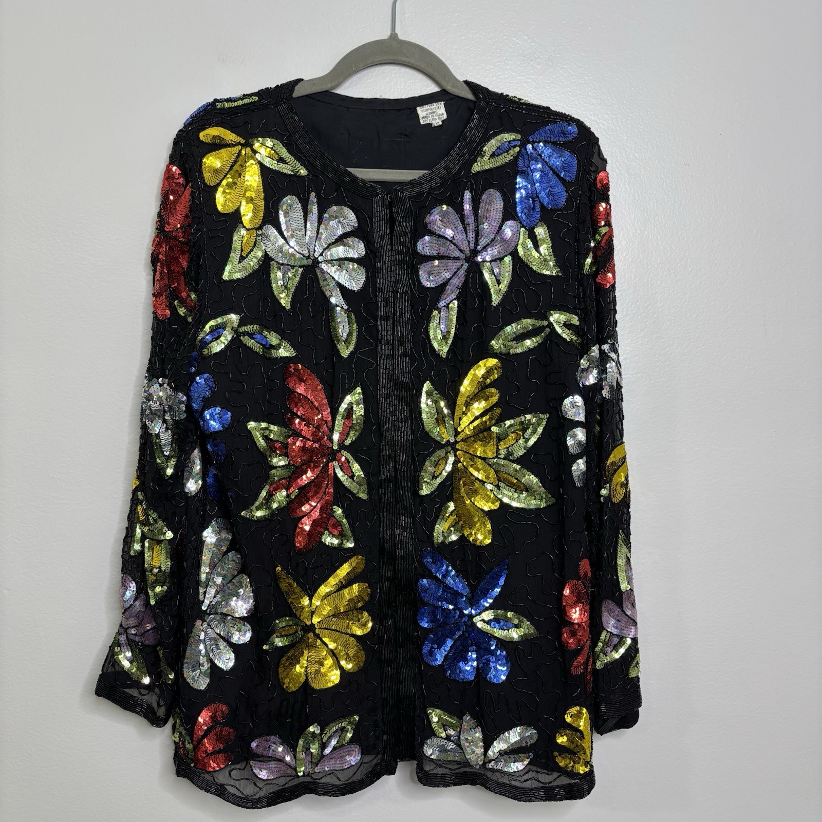 Vintage Silk Sequin Beaded Cardigan Lined Size XL Cruise Cocktail Glam