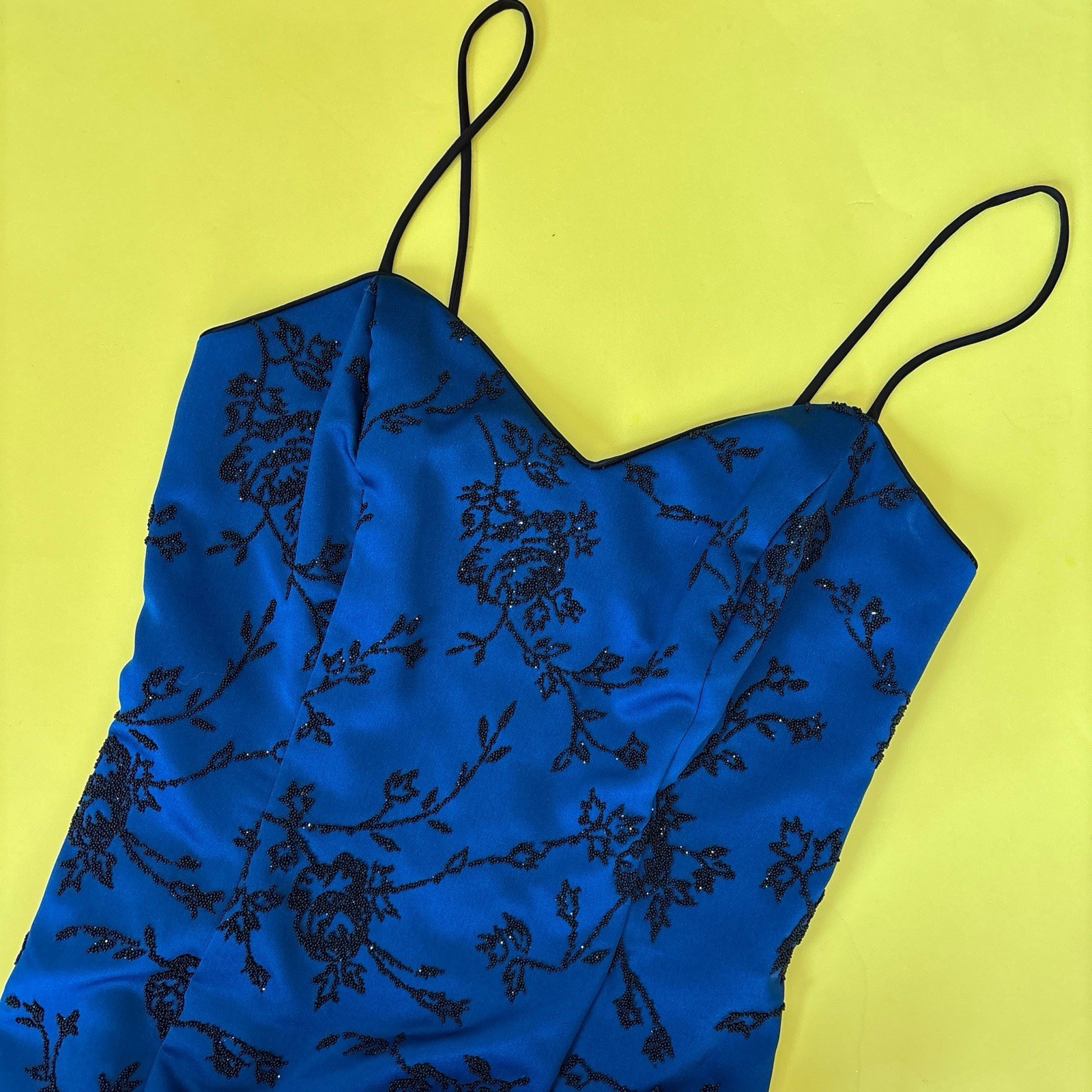 Vintage Sapphire Blue Floral Beaded Spaghetti Strap Cocktail Dress Sz 9/10