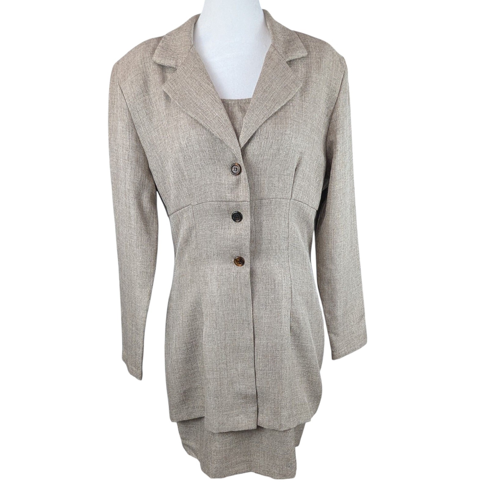Vintage My Michelle Sleeveless Dress Long Jacket Set Jr Sz 13/14 Tan Timeless