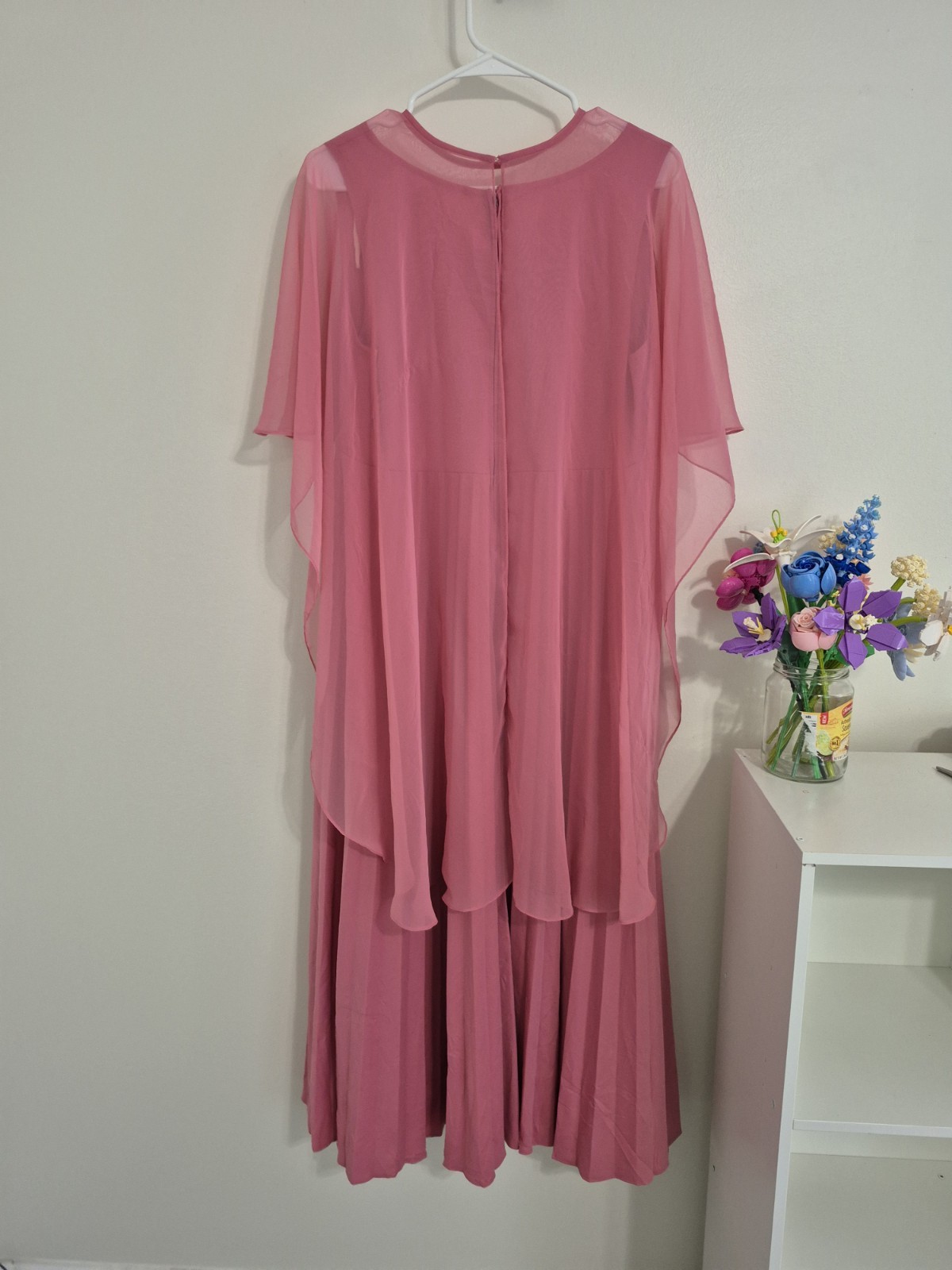 Vintage 70/80s Pink Accordion Pleated Cape Dress Maxi Gown ILGWU Union Made M/L