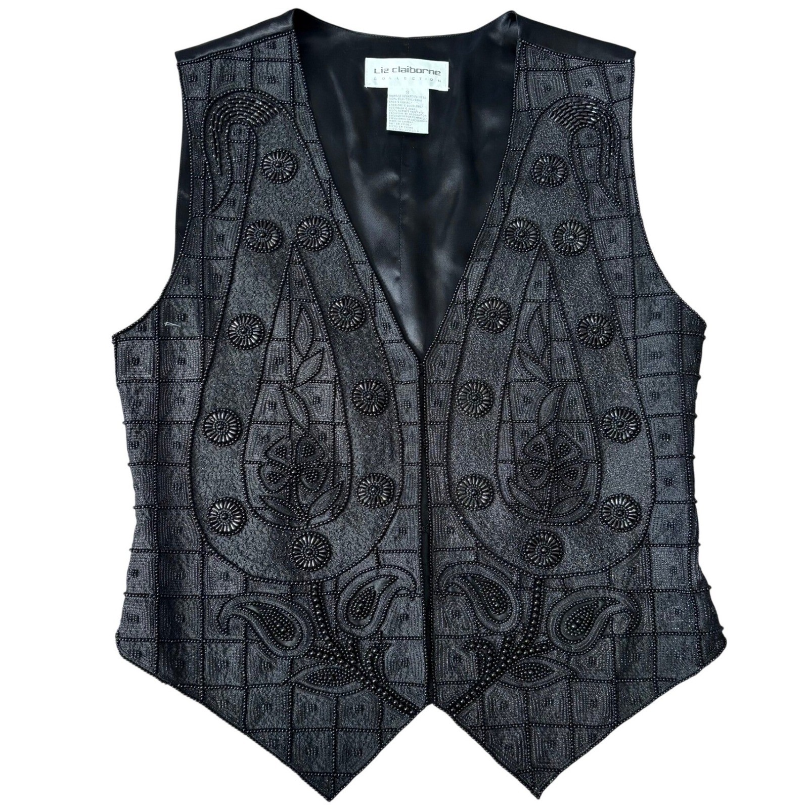 Vintage Liz Clairborne Beaded Silk Vest Sz S Black Whimsigoth Evening