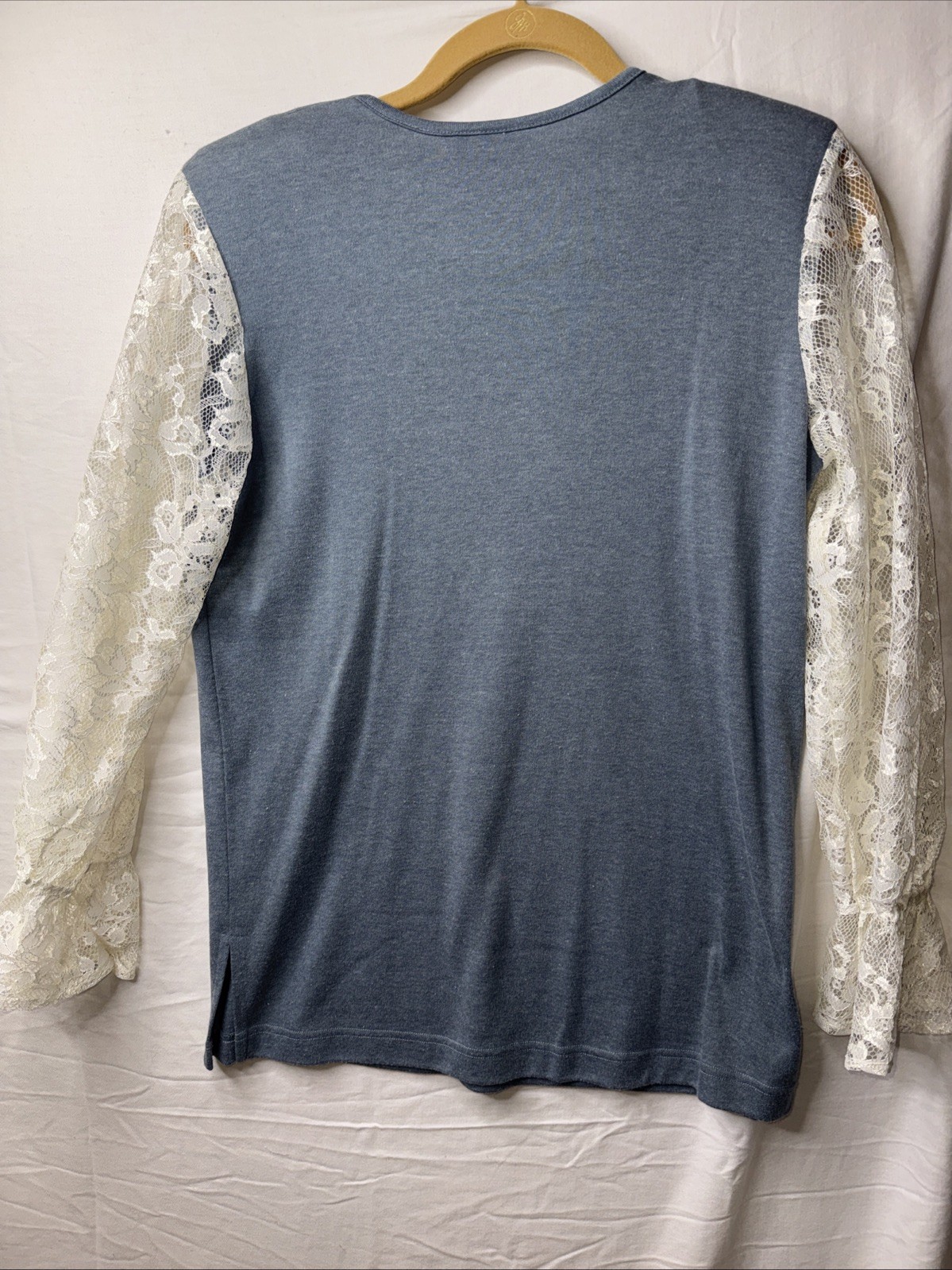Vtg Lacy Afternoon Womens Sz S Dusty Blue T Shirt w Lace Sleeves & Vee V Good