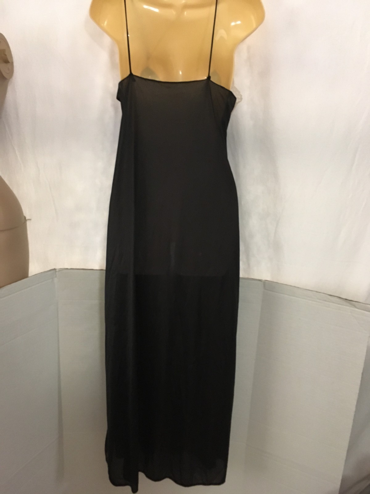 M Vtg SHEER Floral Lace INSERT Long Nightgown Maxi Gown Ivory Black Front Slit