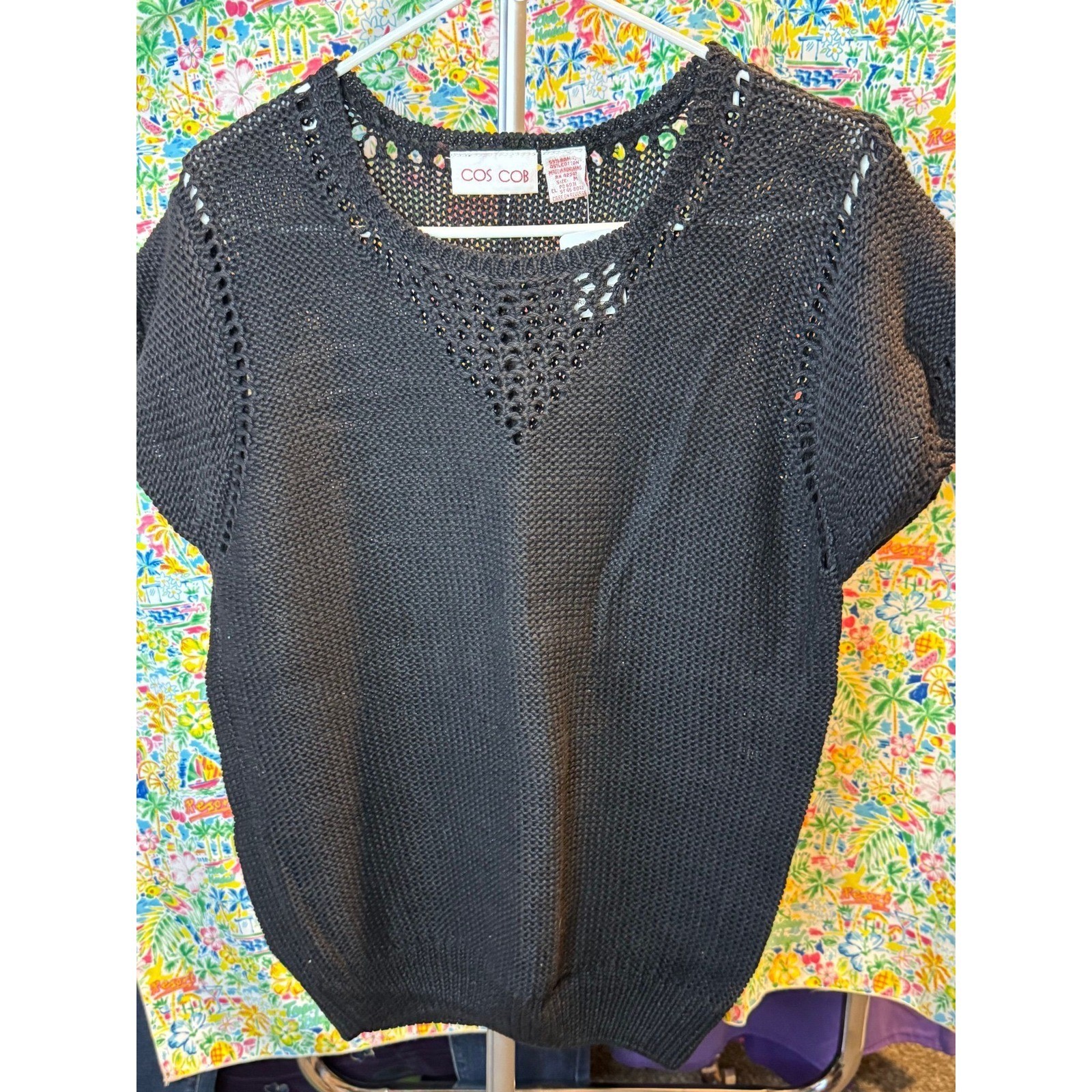 190 Cos Cob Vintage Black Ramie Cotton Pointelle Knit Short Sleeve Sweater Top M