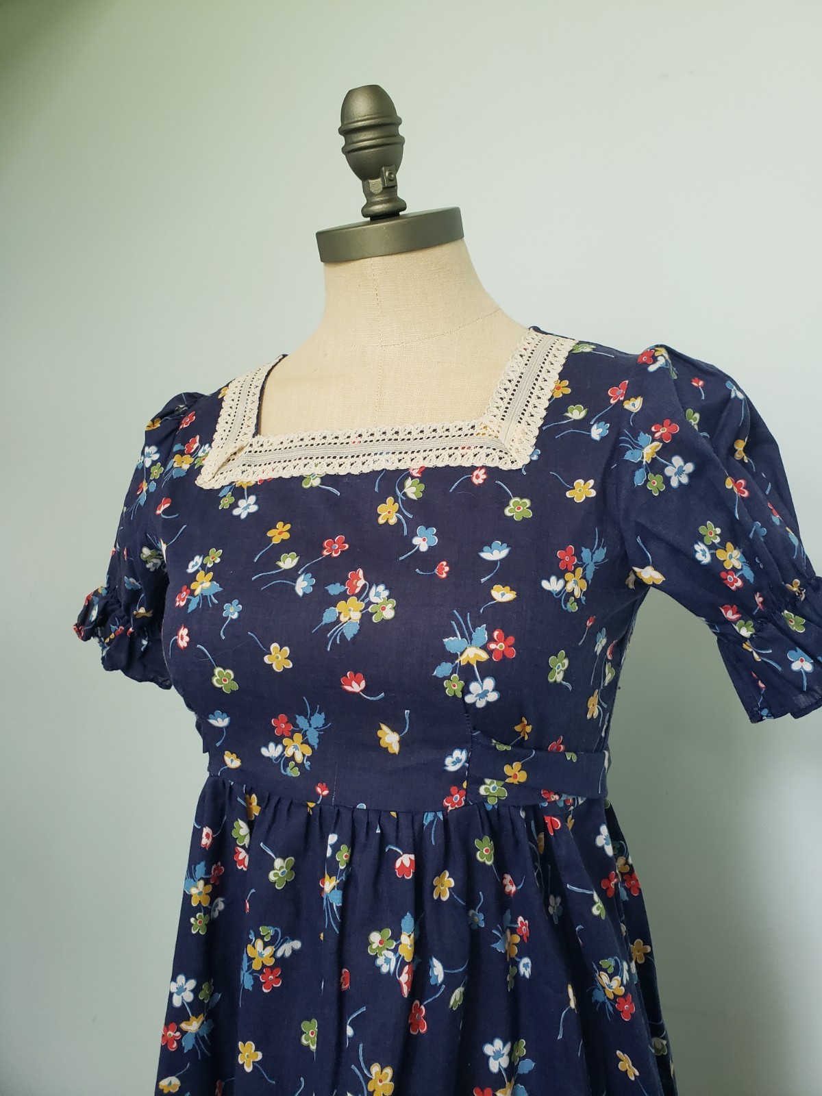 VTG 70s Spencer California Girl’s 14 Prairie Dress Maxi Blue Floral Puff Sleeve