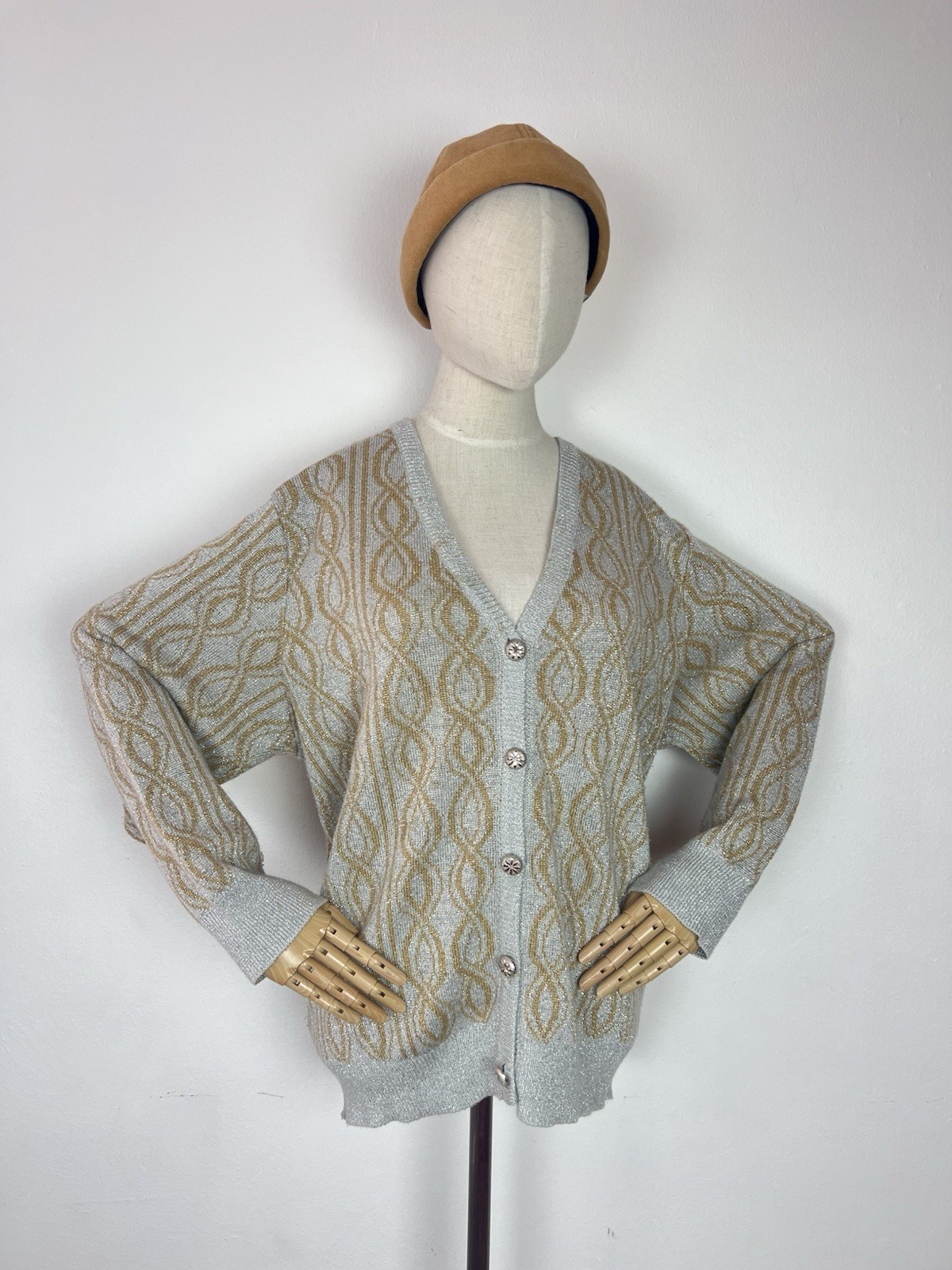 LILLY Of CALIFORNIA 80’s Vintage Women’s Silver & Gold Lurex Cardigan Sweater XL