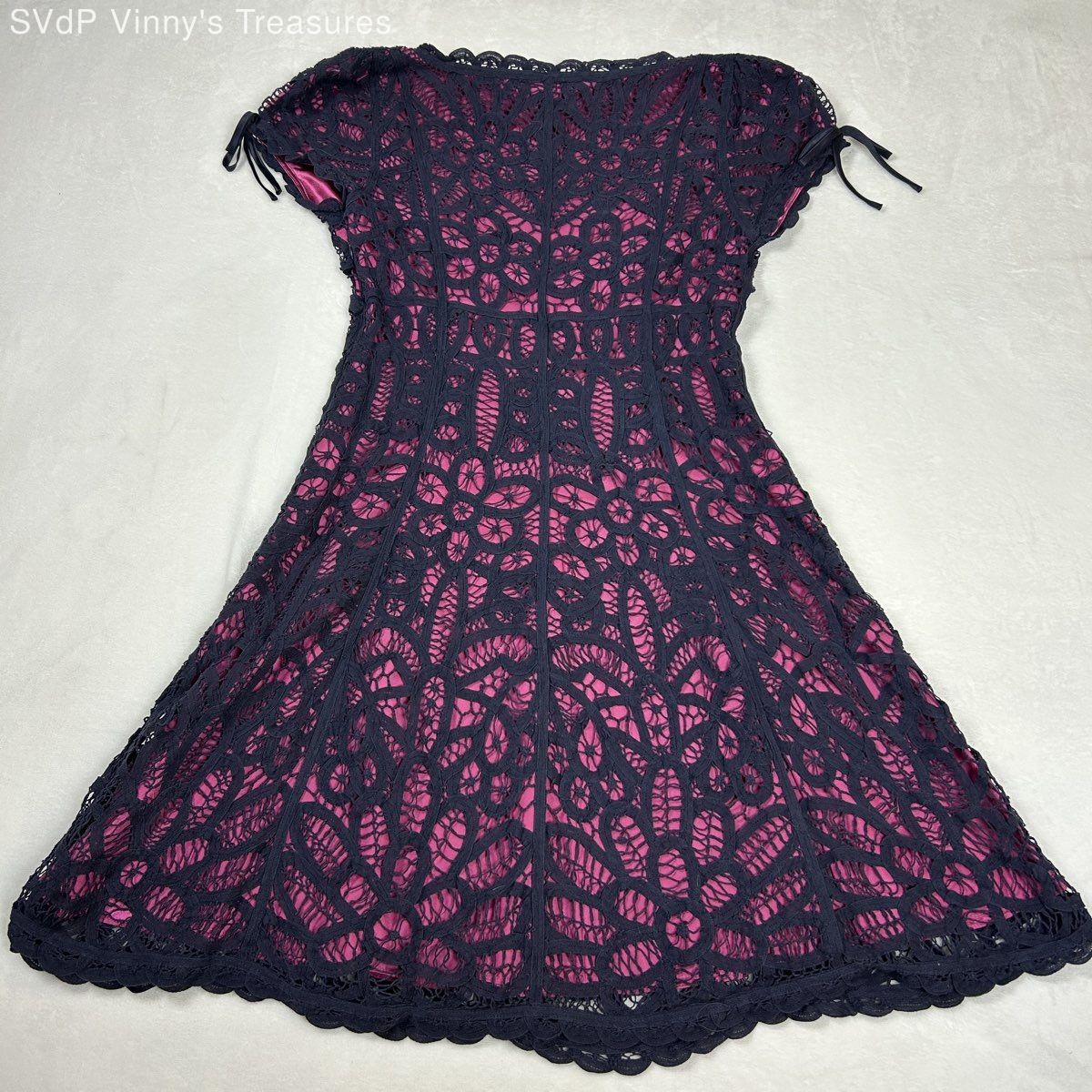 Vintage Y2K Betsey Johnson Women’s Navy Pink Floral Lace Silk Lining Dress Sz 8