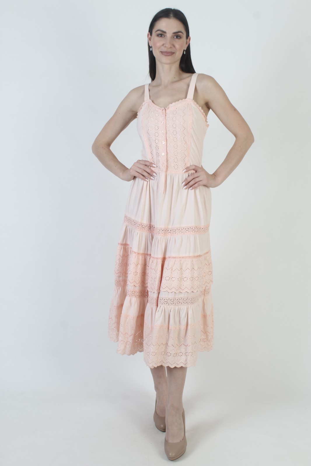Vtg 70s Starina Paris Dress Embroidered Eyelet Cotton Sweetheart India Sundress
