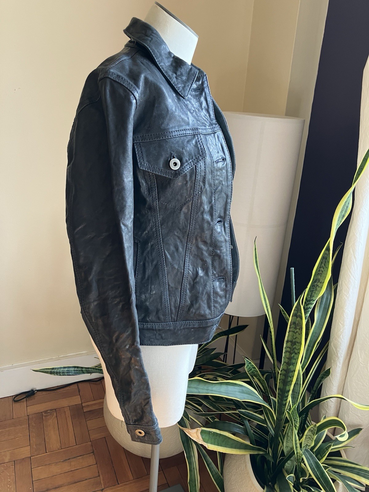 Womens Slim fit Vintage Deep Navy Blue Leather Button-Front Jacket XS