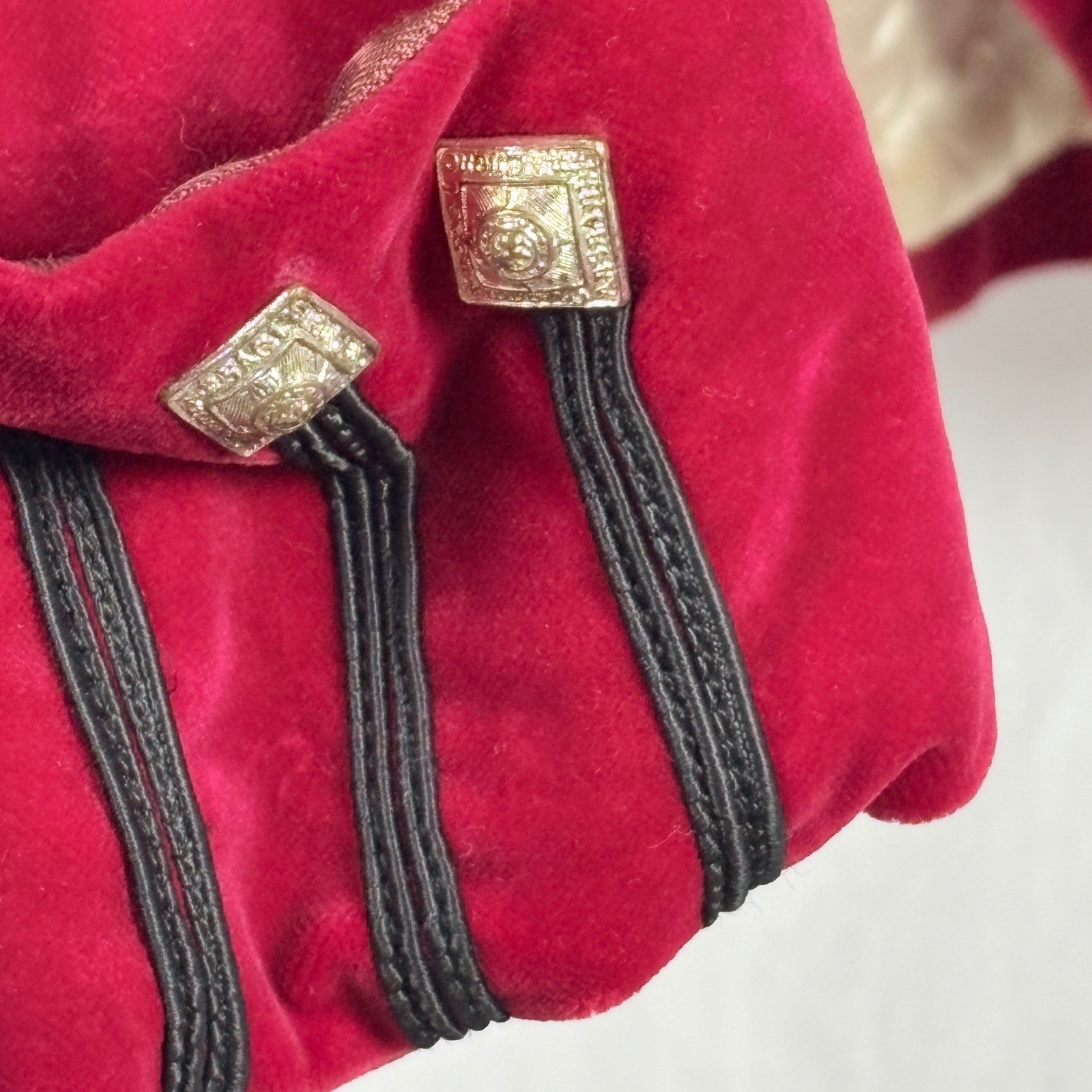 Scotch House Vtg Scarlet Red Velvet Riding Military Jacket Ornate Buttons sz 34