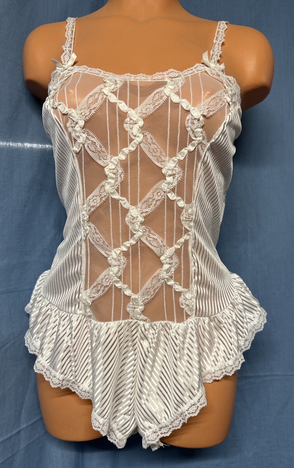Vtg Chippendales 1988 White Bright Stripe Frilly Teddy Sheer Sz M Sheer Bodysuit