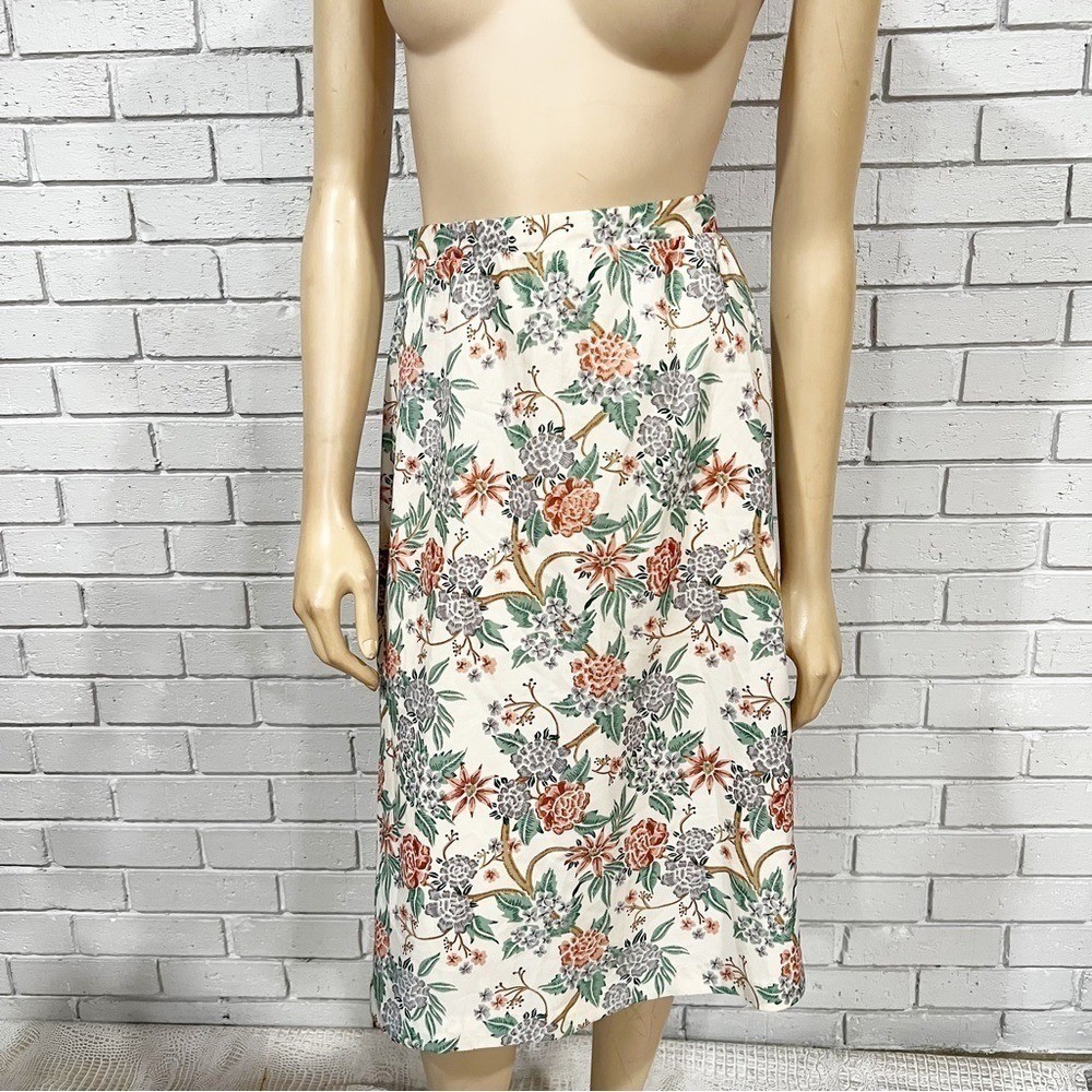 Vintage Floral Midi Skirt Cream Peach Green Botanical A-Line High Waist | Size 8