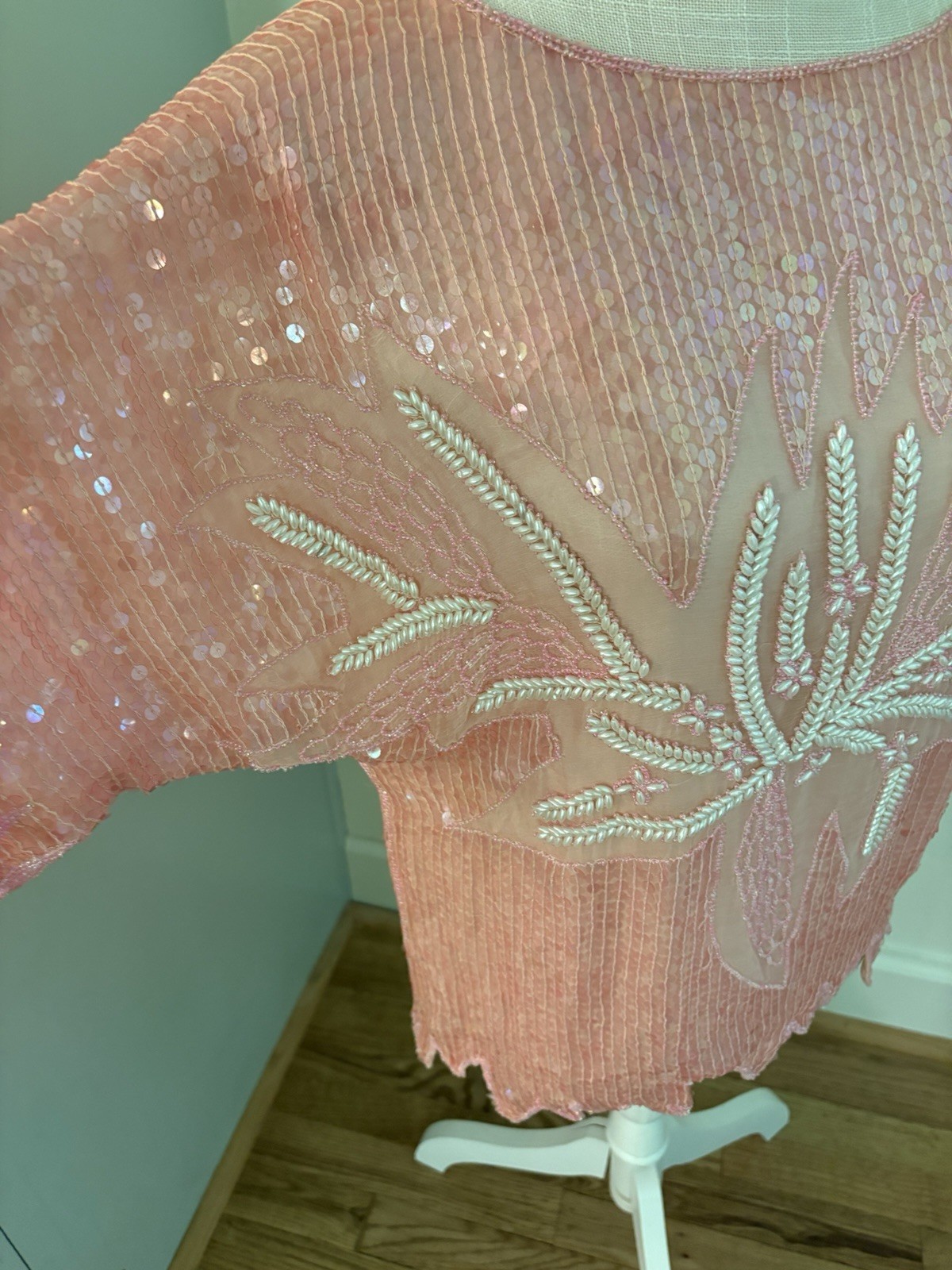 Vintage 80s Hand Beaded 100% Silk Top Pastel Pink Sequin. NWT!M Deadstock. India
