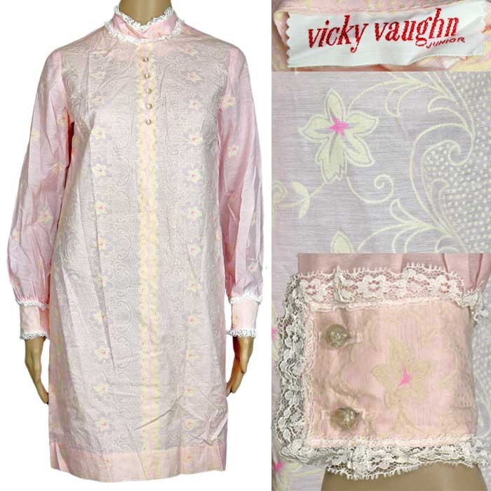 1960s Vintage Dress Vicky Vaughn Flocked Pink Organdy Lace Trim Small 6