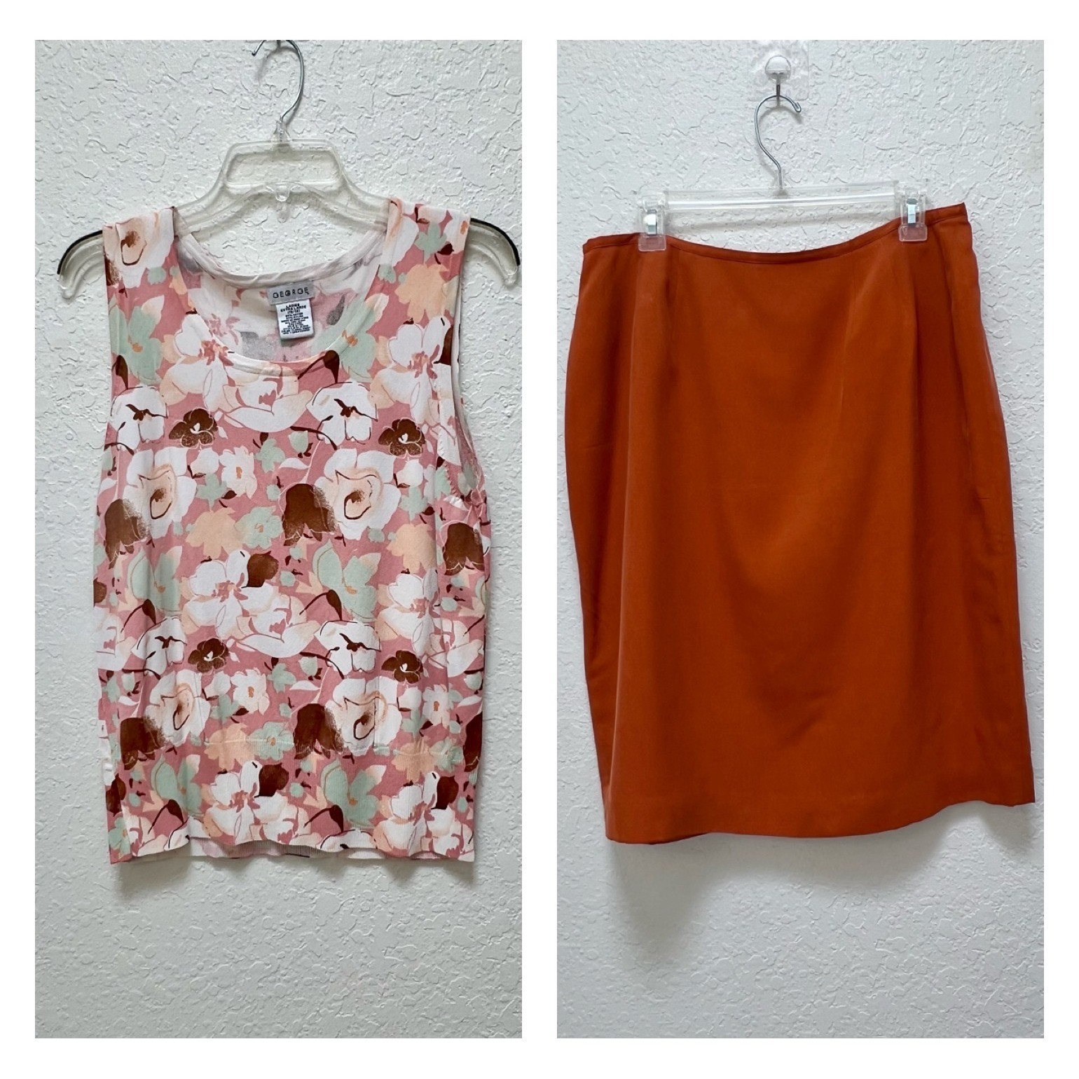George Floral Knit Top & Jennifer Moore Silk Skirt Set Rust Orange Pink XL 16