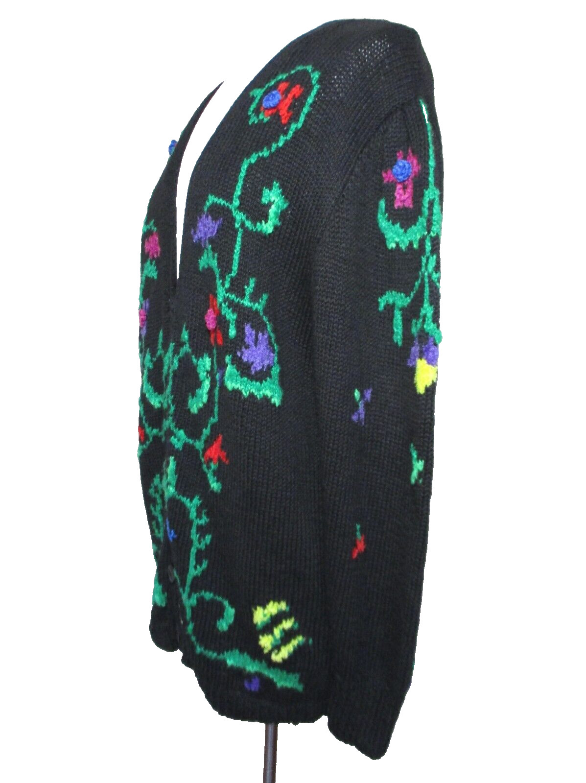 Vintage Studio Michelle Stuart Sweater Cardigan Black Embroidered Flowers M NWT