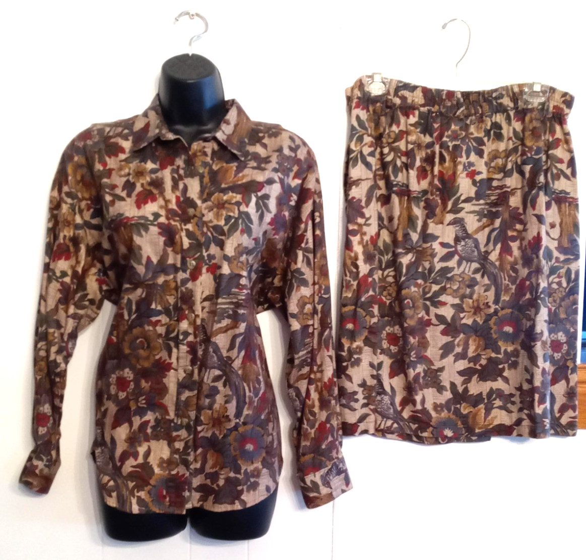 Bushwacker USA Womens Blouse & Skirt SUIT size L Floral Bird Pattern VTG Outfit