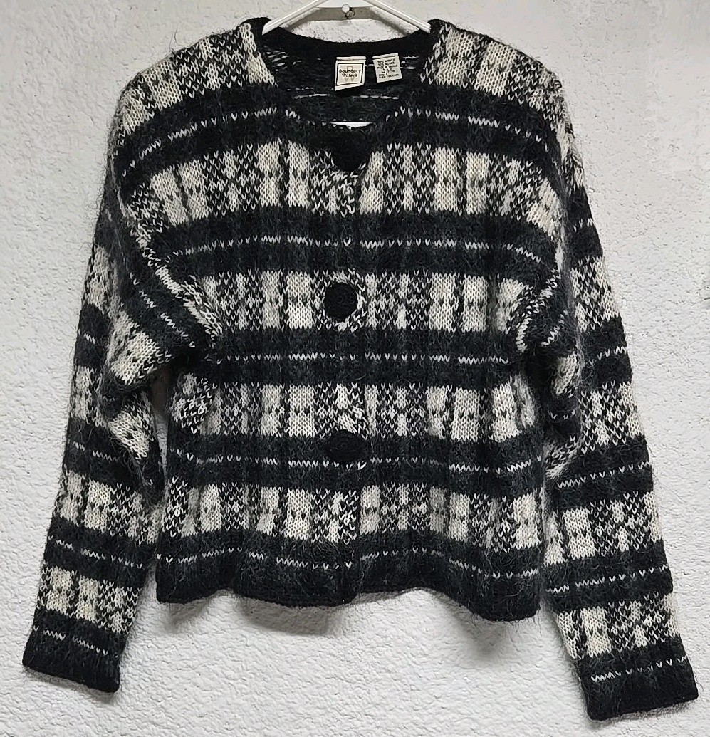 Vintage Boundary Waters Mohair Black White Striped Houndstooth Buttons Sweater