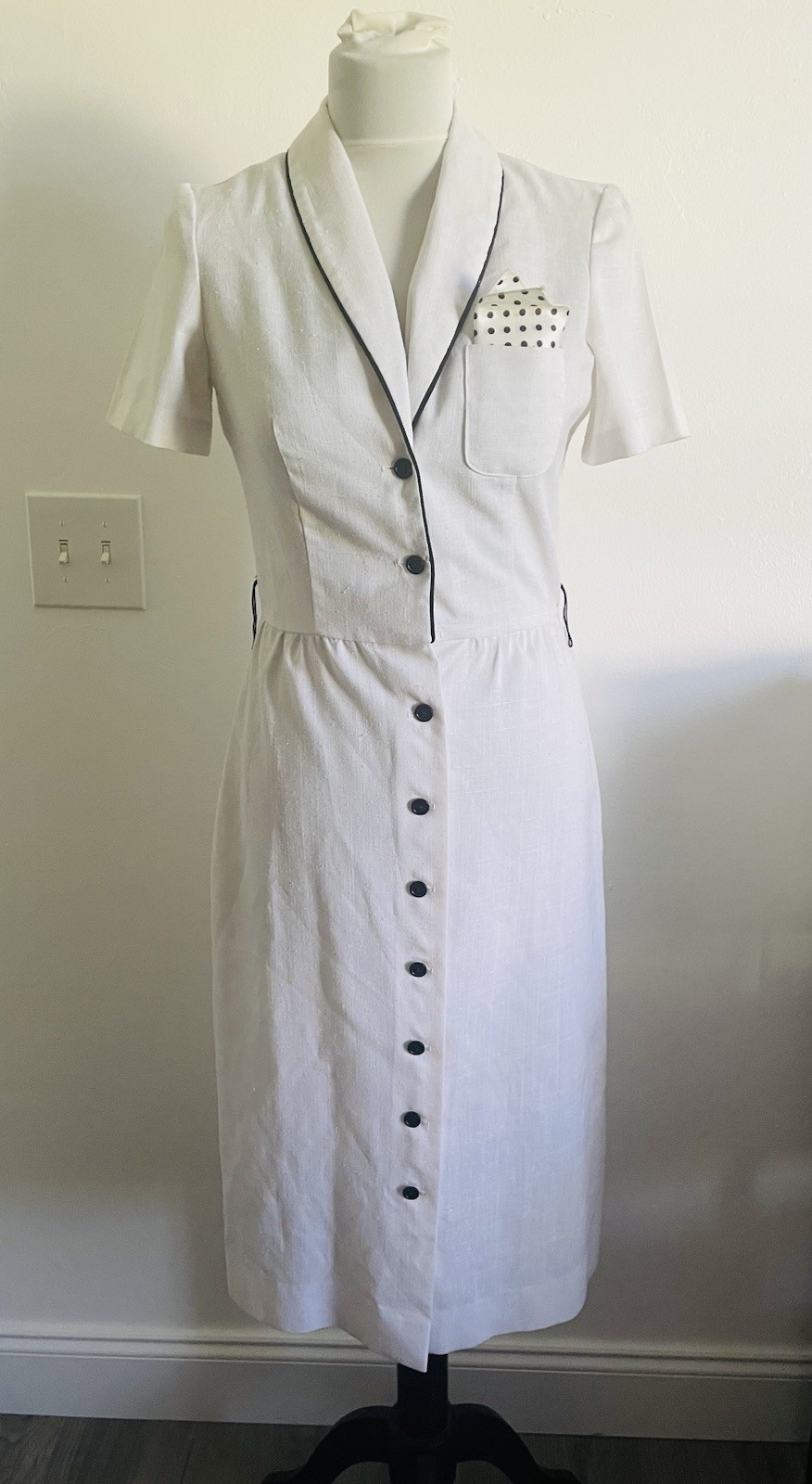Connections Vintage Midi Shirt Dress S White Linen Secretary Office Union Made
