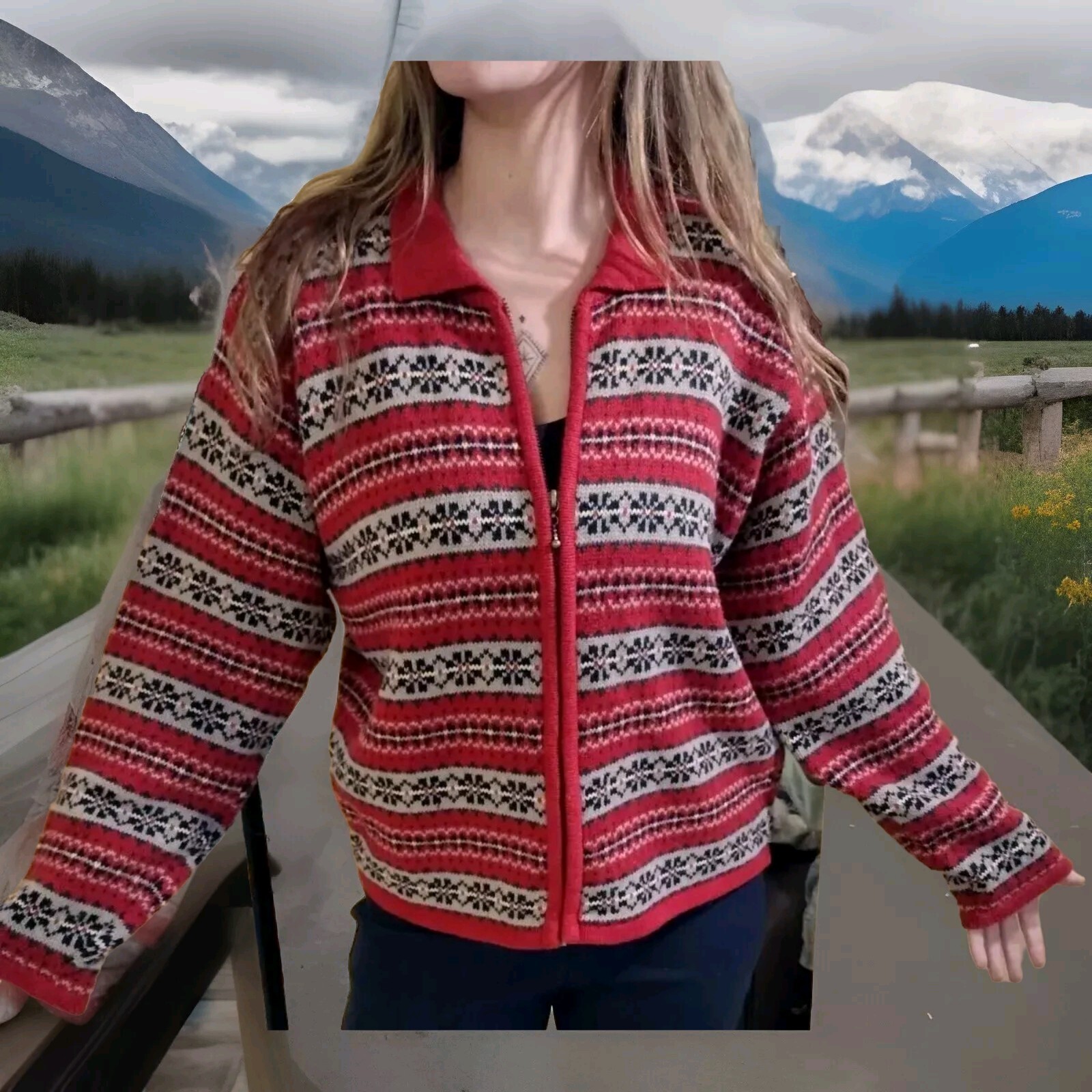 Paul Harris Design VINTAGE 1990’S L FairIsle Red/Multi Color, Zip Up Cardigan