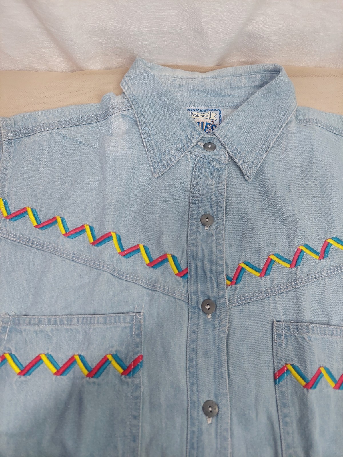 Vintage Denim Shirt L Sleeveless Western Zig Zag Boho Cowgirl 90s 100% Cotton