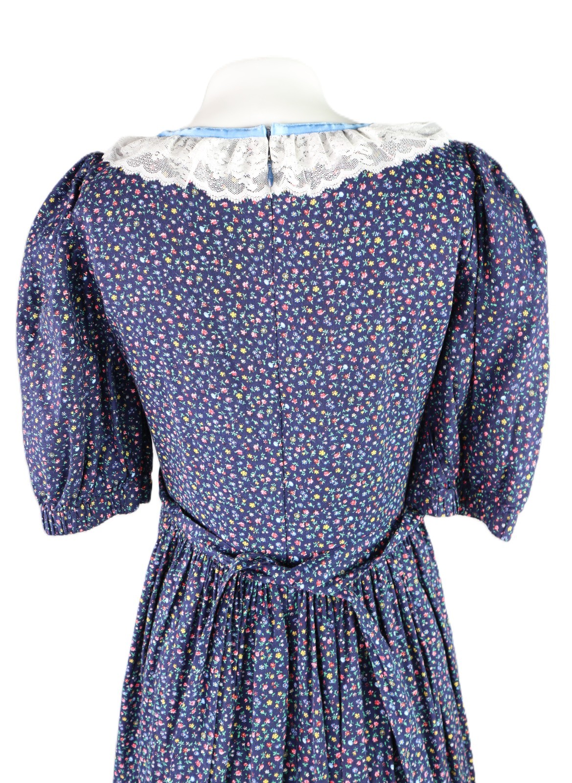 VTG 70s 8 S M Cottage Prairie Floral Print Long Maxi Lace Half Sleeve Dress Blue