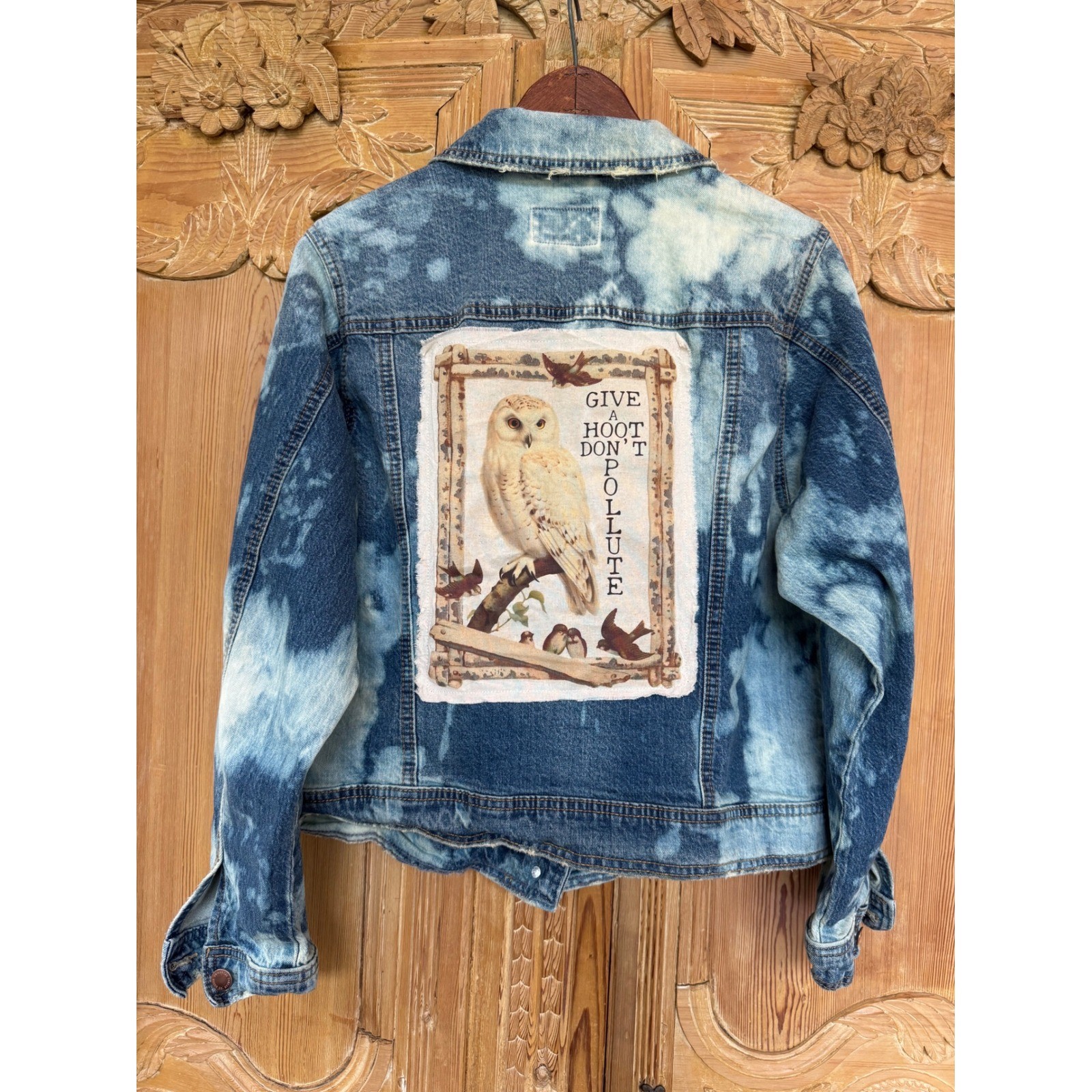 OOAK Bleached Owl Denim Jacket Give A Hoot Don’t Pollute Art Medium