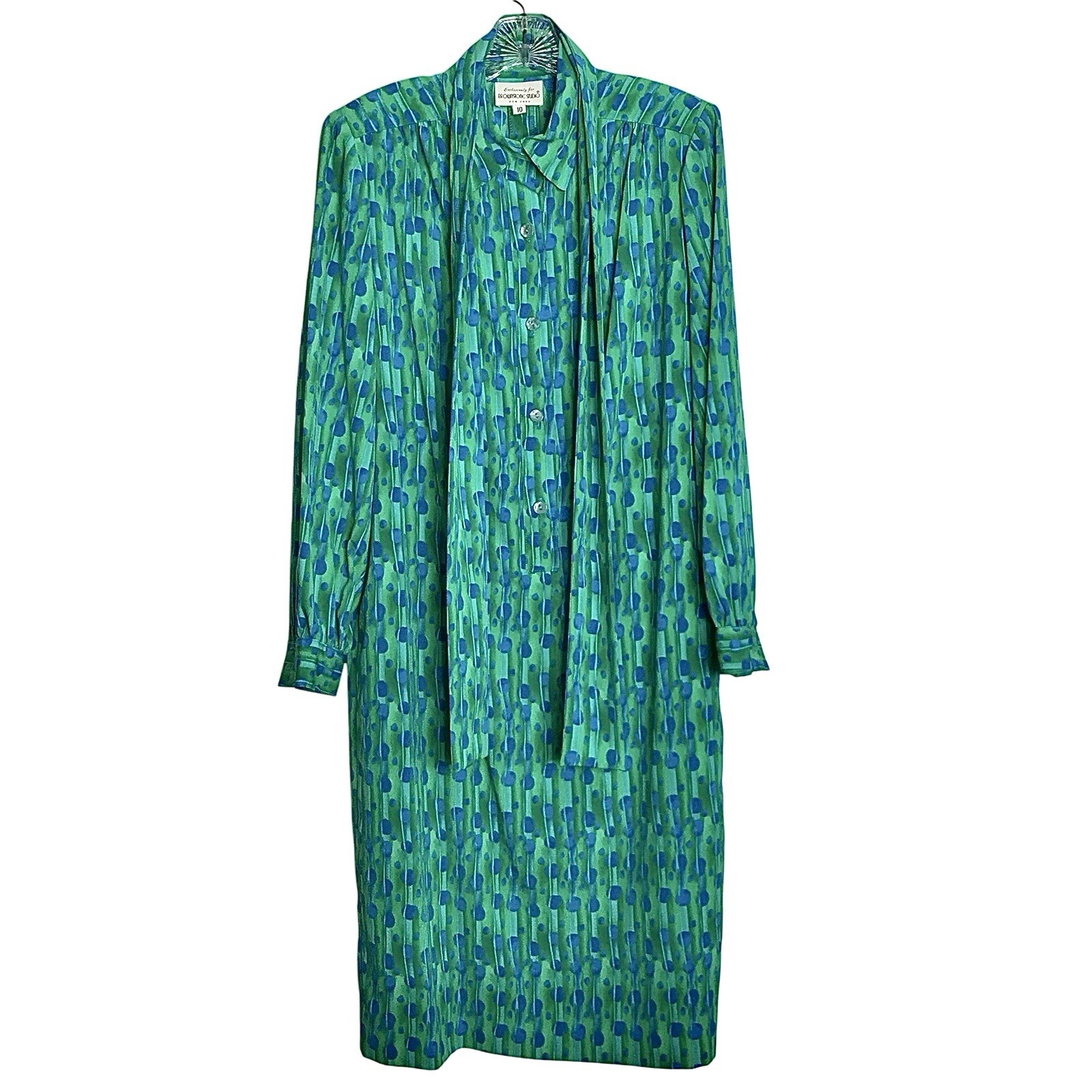 Vintage Dress Sz 10 Long sleeve Abstract Geometric Long Tie Belt Blue Green 70s
