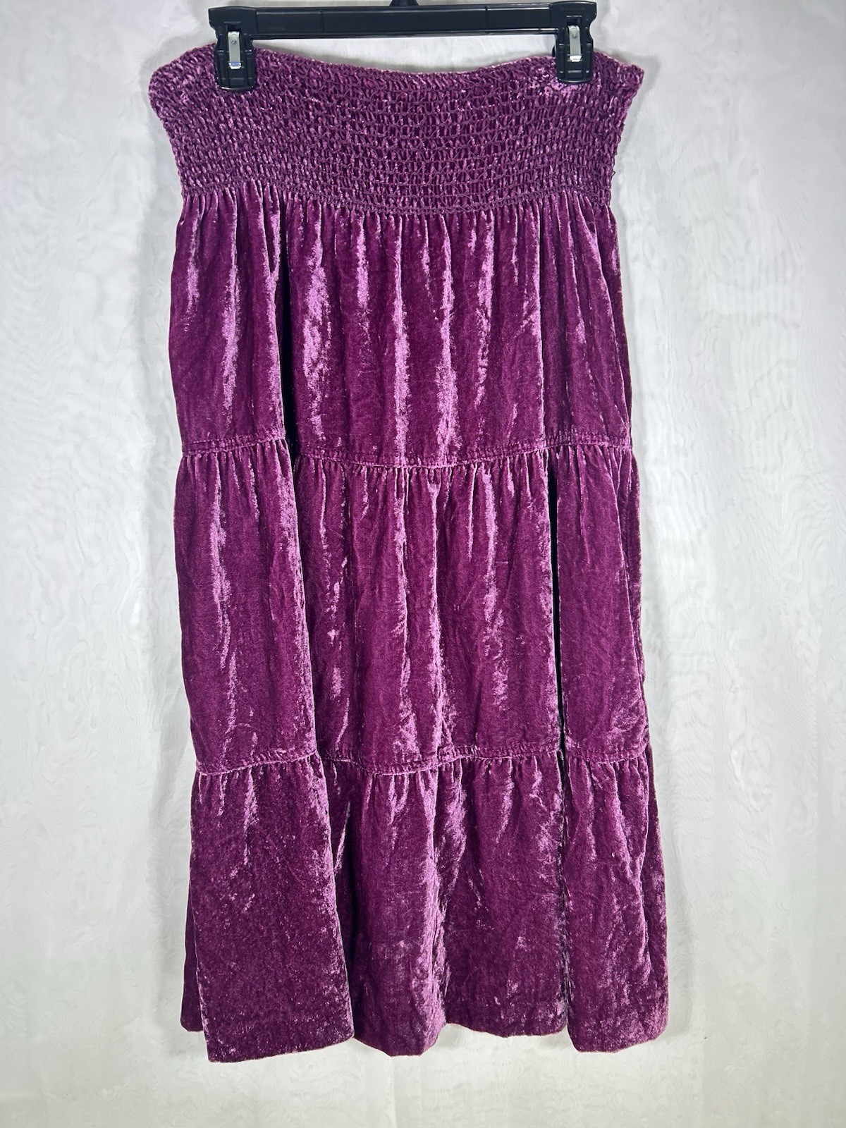 VTG 90s Work to Weekend Purple Crushed Velvet Tiered Midi Skirt Smocked 4